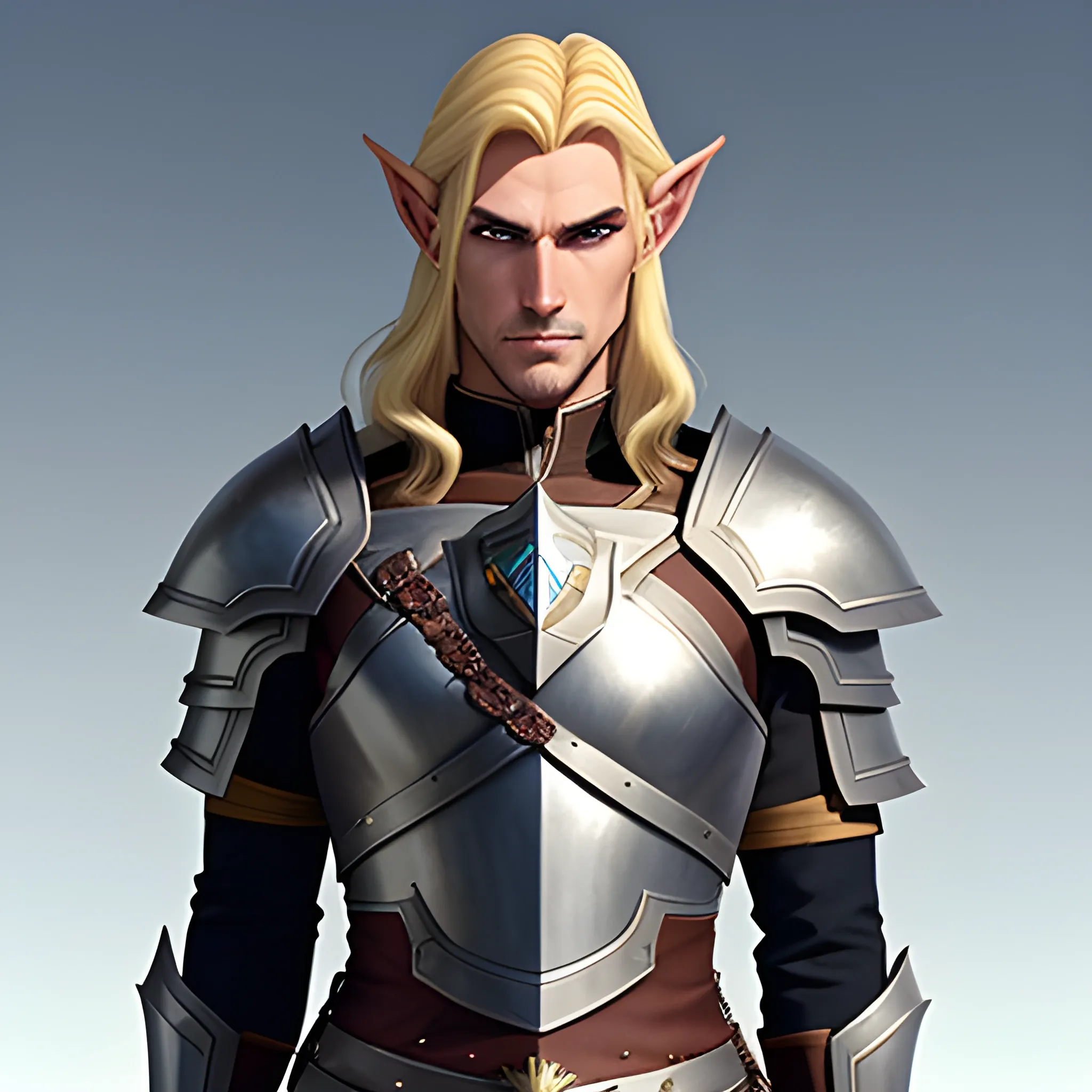 A male young half-elf paladin who has a blend of human and elven features: pointed ears, a sharp jawline, and piercing bright eyes that radiate warmth and determination. His hair is a mix of sunlit blonde and light brown, slightly tousled. He wears chainmail armor and carries a standard longsword and a plain shield adorned with a simple sun emblem. The background is white, emphasizing the character, fantasy Style