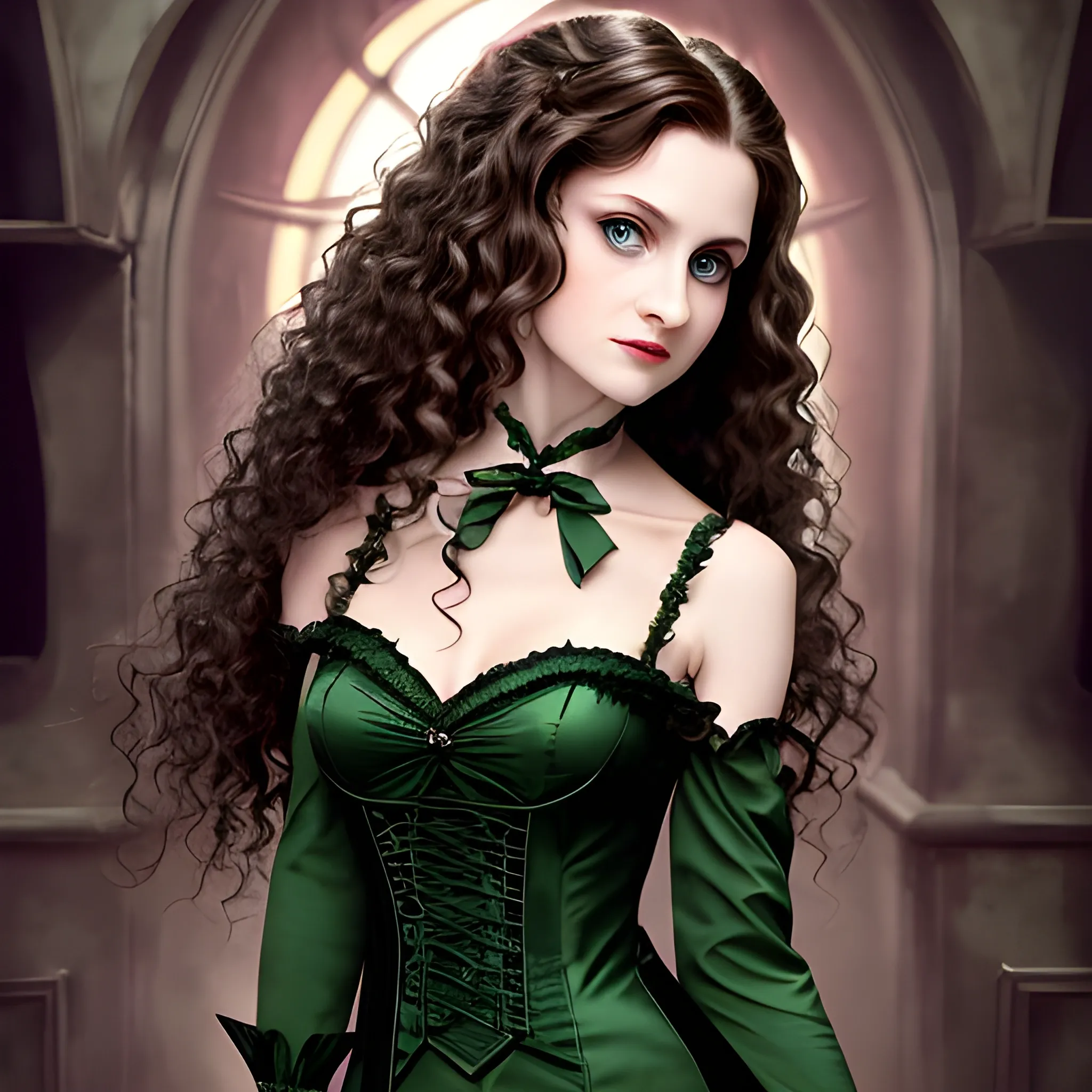 A very enchanting feminine woman, with elongated pointy ears, sharp canines, a petite waist, slender limbs, and luscious long curly hair, dressed in dark clothes, featuring mesmerizing green eyes. Wearing a sexy witches outfit, Harry Potter style, like a female professor from Harry Potter