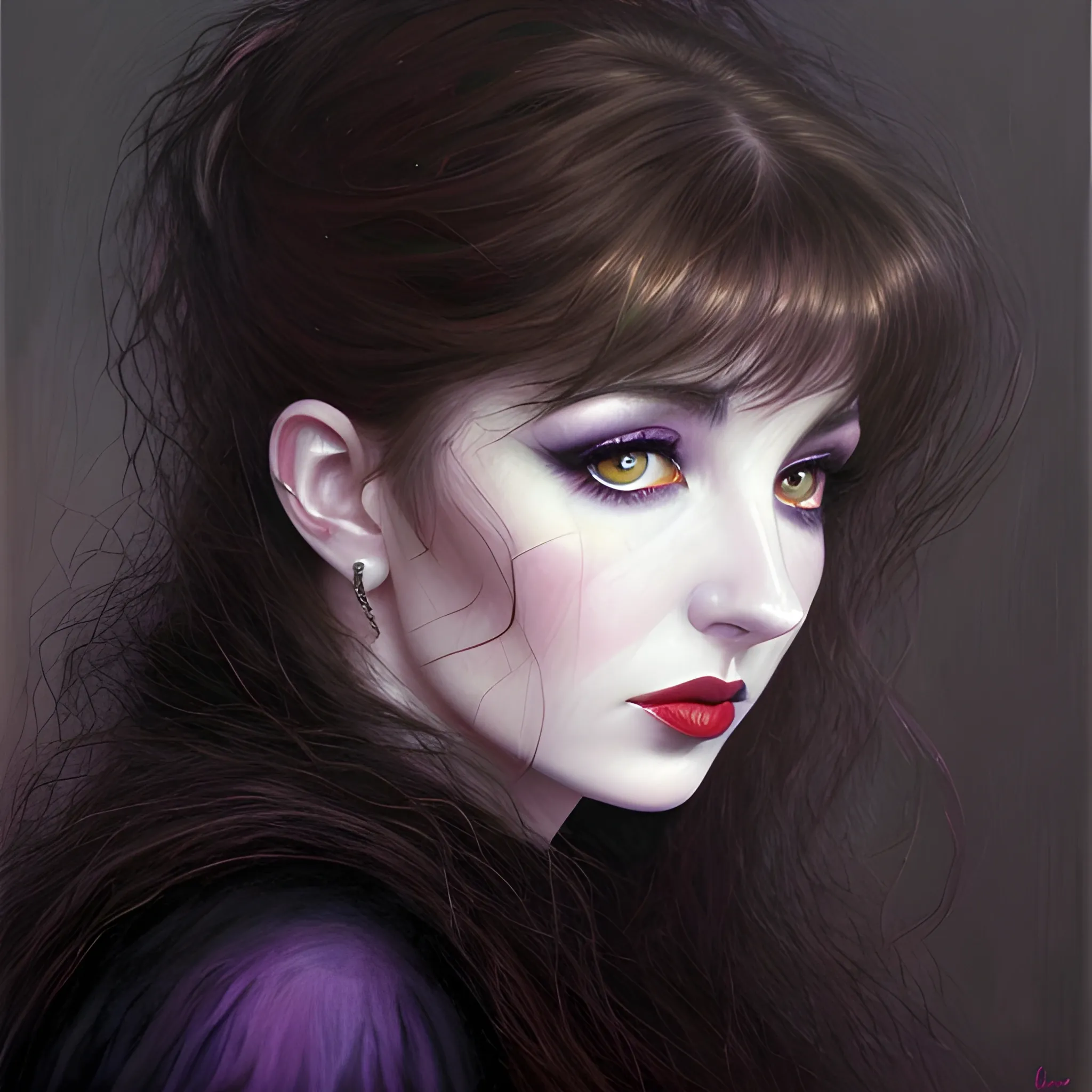 Oil painting of Kate Bush, hazel eyes, dark sensual eyes, thin pouting lips, slim nose, pale skin, Gothic beauty, dark yet colorful, realistic, high quality rendering