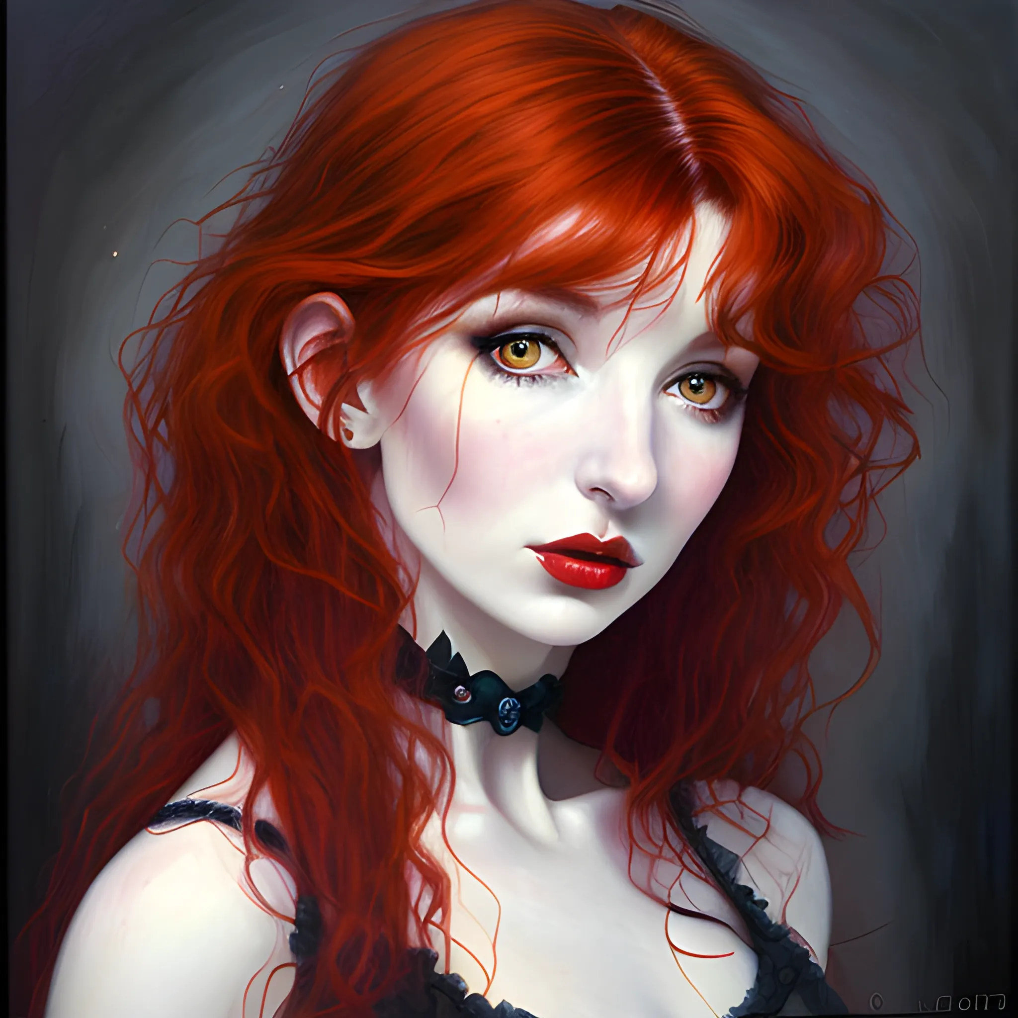 Oil painting of Kate Bush, wild red hair, hazel eyes, dark sensual eyes, thin pouting lips, slim nose, pale skin, Gothic beauty, mysterious, dark yet colorful, realistic, high quality rendering