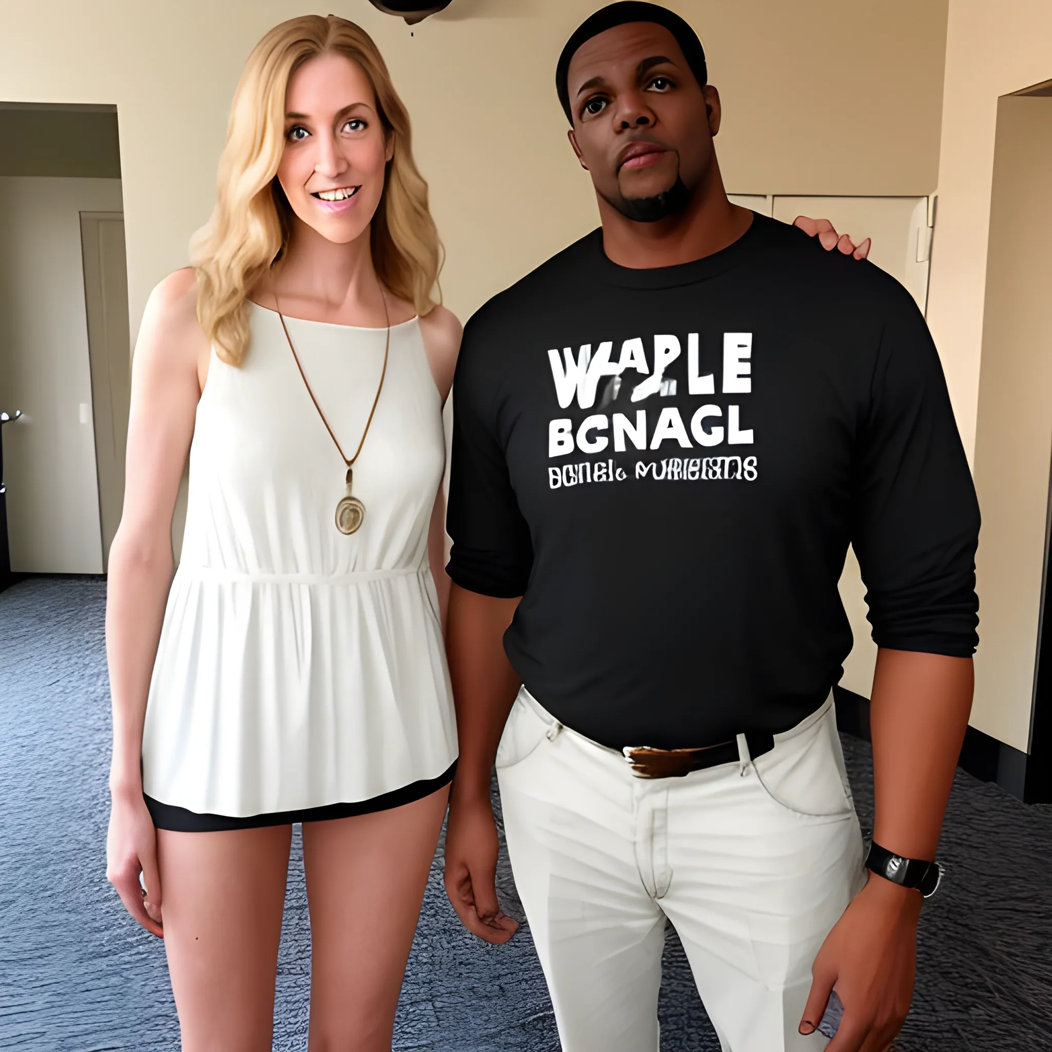 Tall, gorgeous, barefoot white woman standing next to shorter black man
