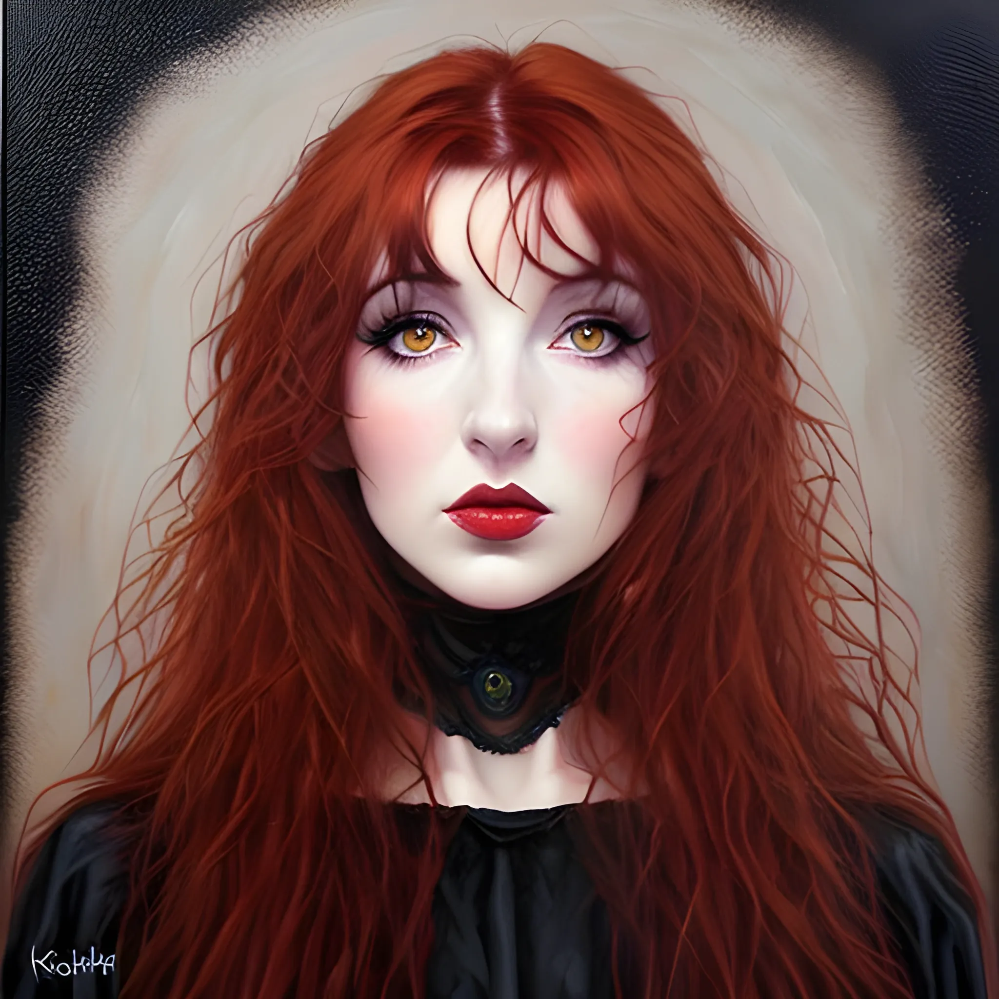 Oil painting of Kate Bush, wild dark red hair, hazel eyes, dark sensual eyes, thin pouting lips, slim nose, pale skin, Gothic beauty, intense beauty, mysterious, dark yet colorful, realistic, high quality rendering