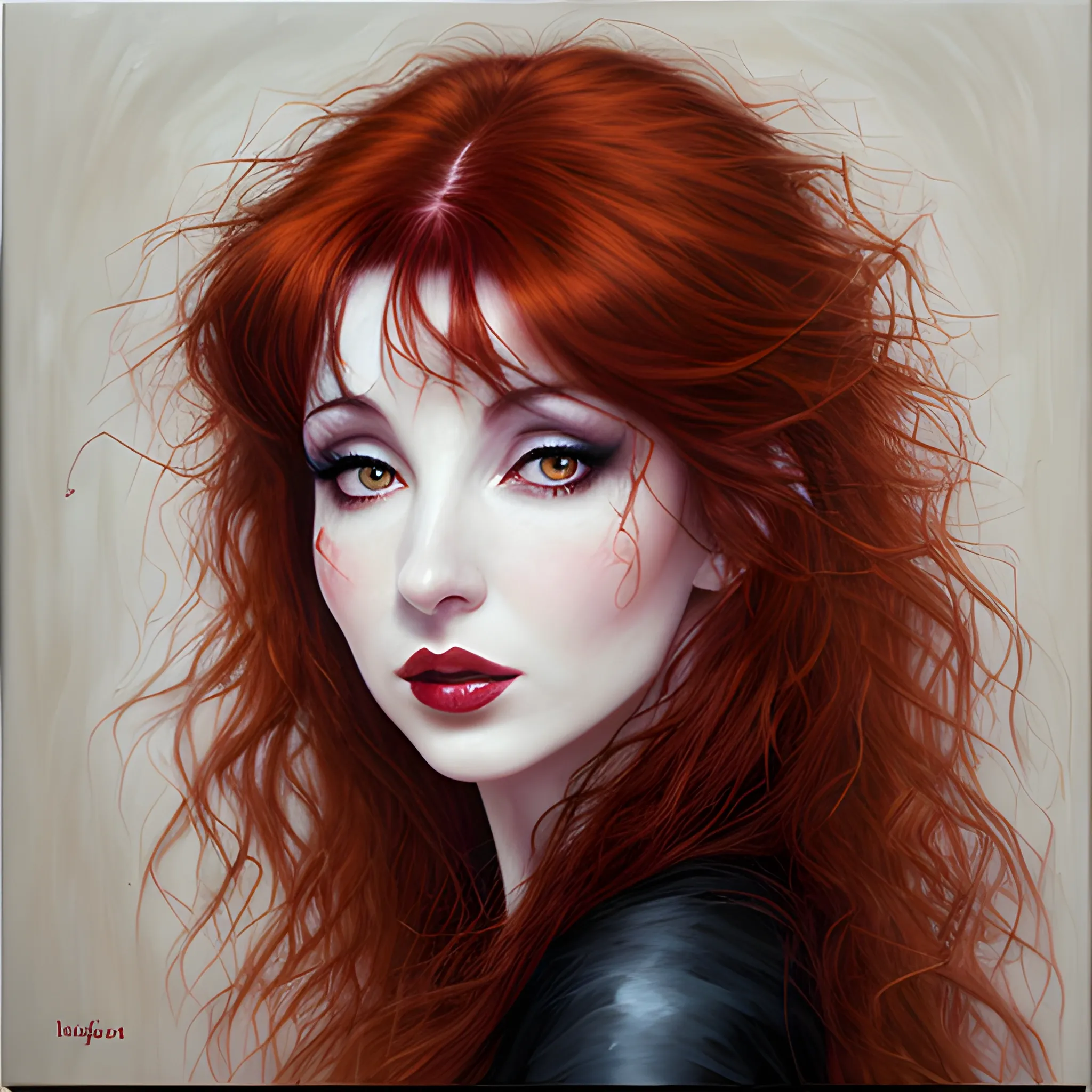 erotic oil painting of Kate Bush, wild dark red hair, hazel eyes, dark sensual eyes, thin pouting lips, slim nose, pale skin, Gothic beauty, intense beauty, mysterious, dark yet colorful, realistic, high quality rendering