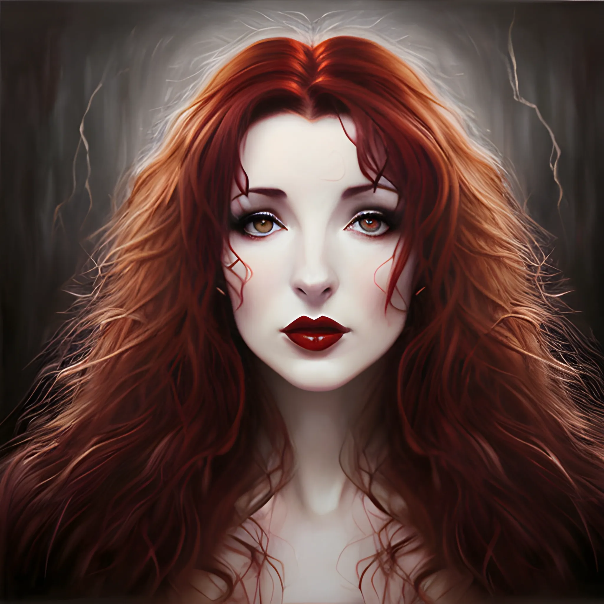 erotic oil painting of Kate Bush, wild dark red hair, hazel eyes, dark sensual eyes, thin pouting lips, slim nose, pale skin, Gothic beauty, intense beauty, mysterious, dark yet colorful, realistic, high quality rendering