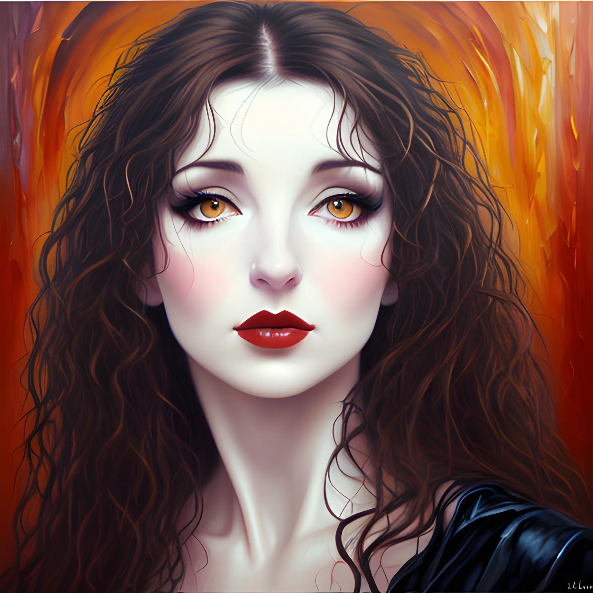 Oil painting of Kate Bush, hazel eyes, dark sensual eyes, thin pouting lips, slim nose, pale skin, Gothic beauty, dark yet colorful, realistic, high quality rendering, Oil Painting