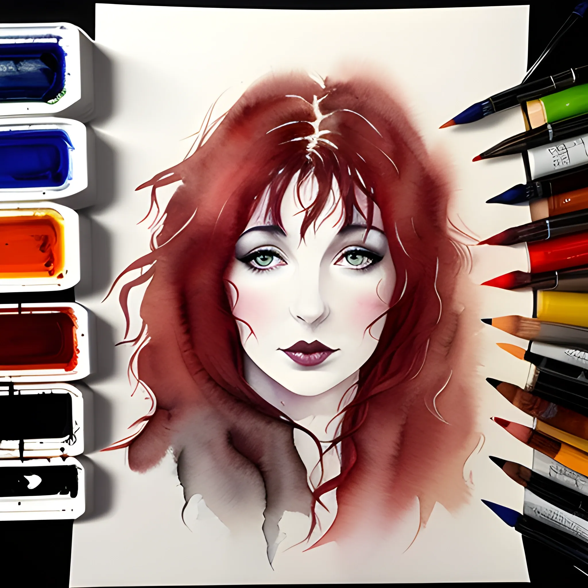 abstract watercolour sketch of Kate Bush, wild dark red hair, hazel eyes, dark sensual eyes, thin pouting lips, slim nose, pale skin, Gothic beauty, intense beauty, mysterious, dark yet colorful, realistic, high quality rendering, Water Color