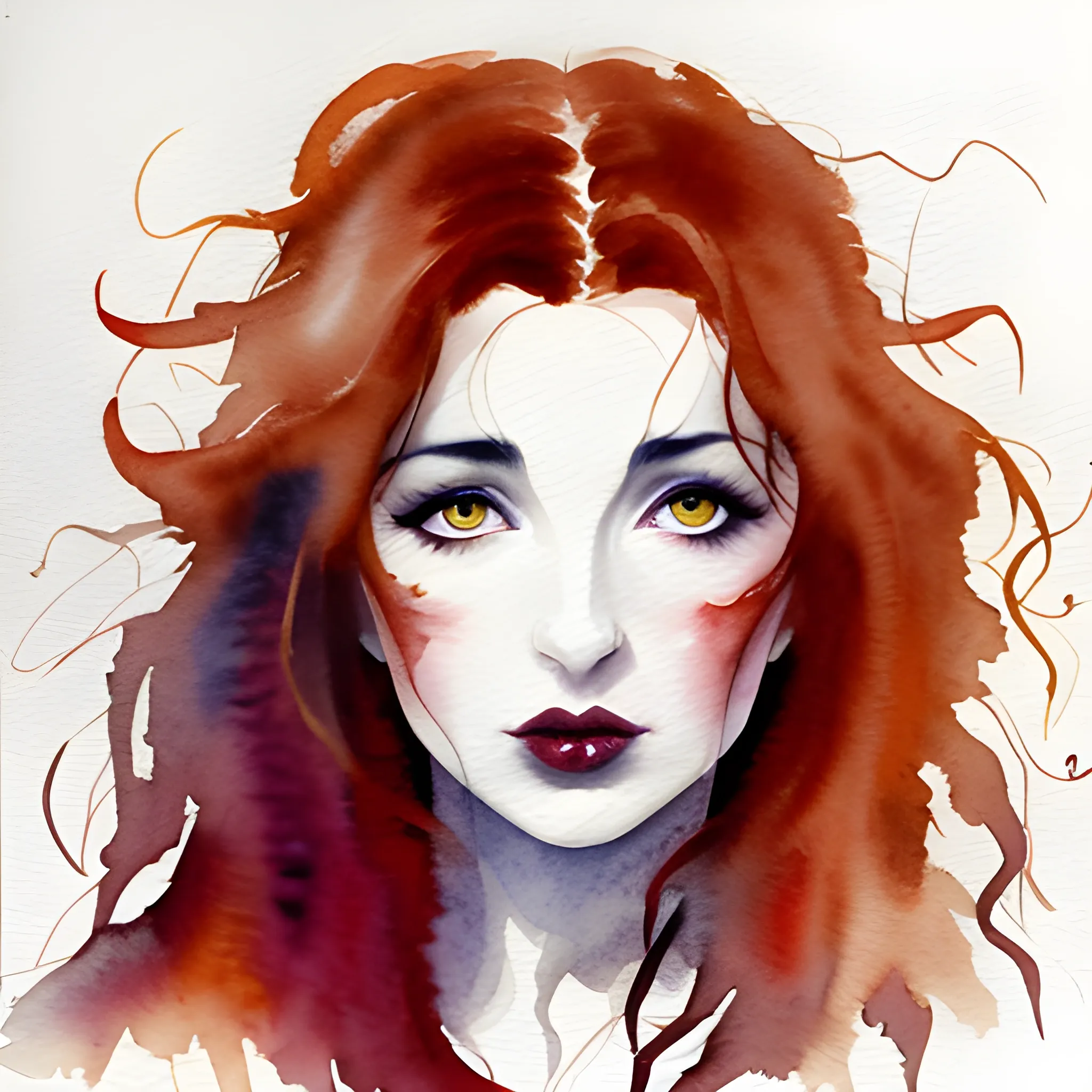 abstract watercolour sketch of Kate Bush, wild dark red hair, hazel eyes, dark sensual eyes, thin pouting lips, slim nose, pale skin, Gothic beauty, intense beauty, mysterious, dark yet colorful, realistic, high quality rendering, Water Color