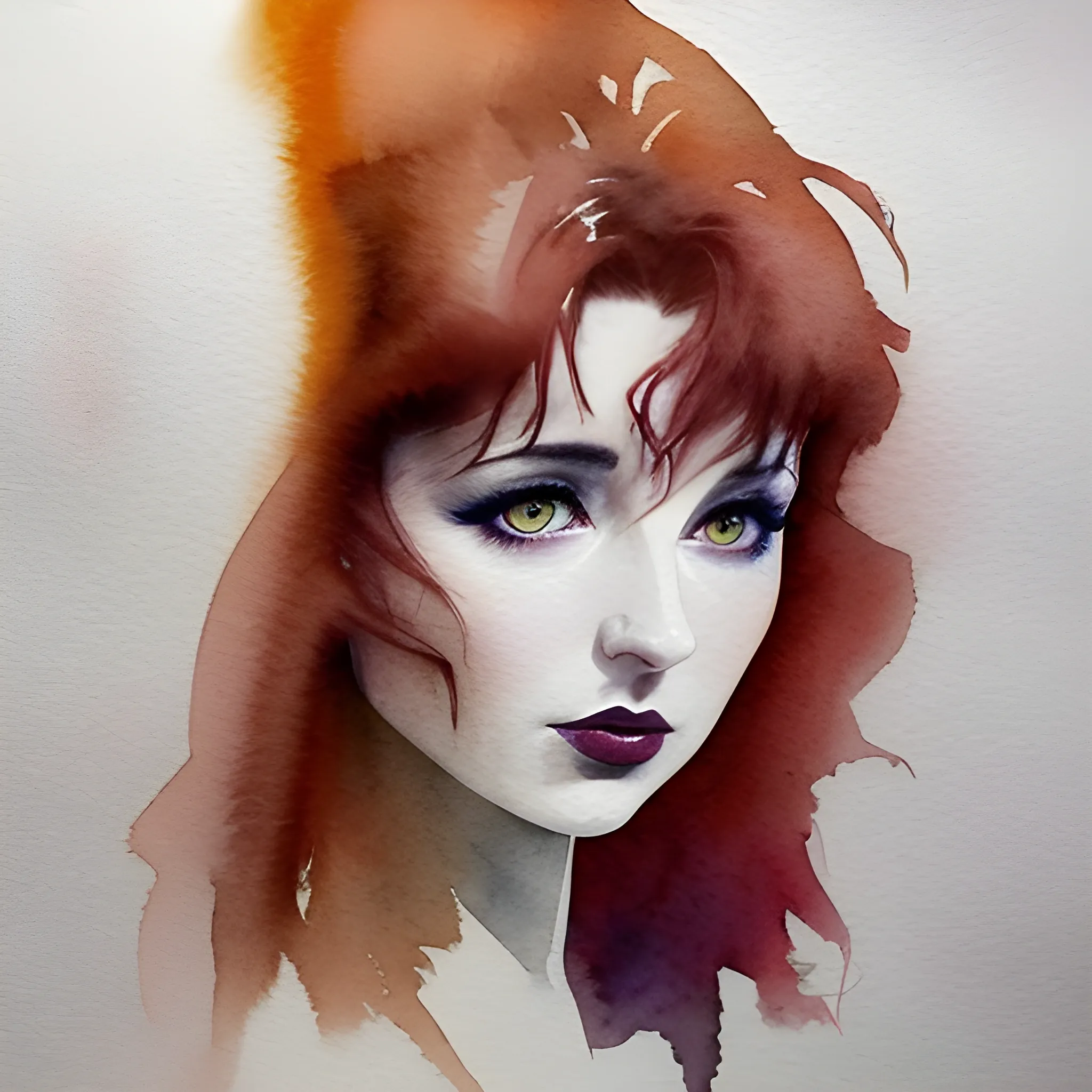 abstract watercolour sketch of Kate Bush, wild dark red hair, hazel eyes, dark sensual eyes, thin pouting lips, slim nose, pale skin, Gothic beauty, intense beauty, mysterious, dark yet colorful, realistic, high quality rendering, Water Color