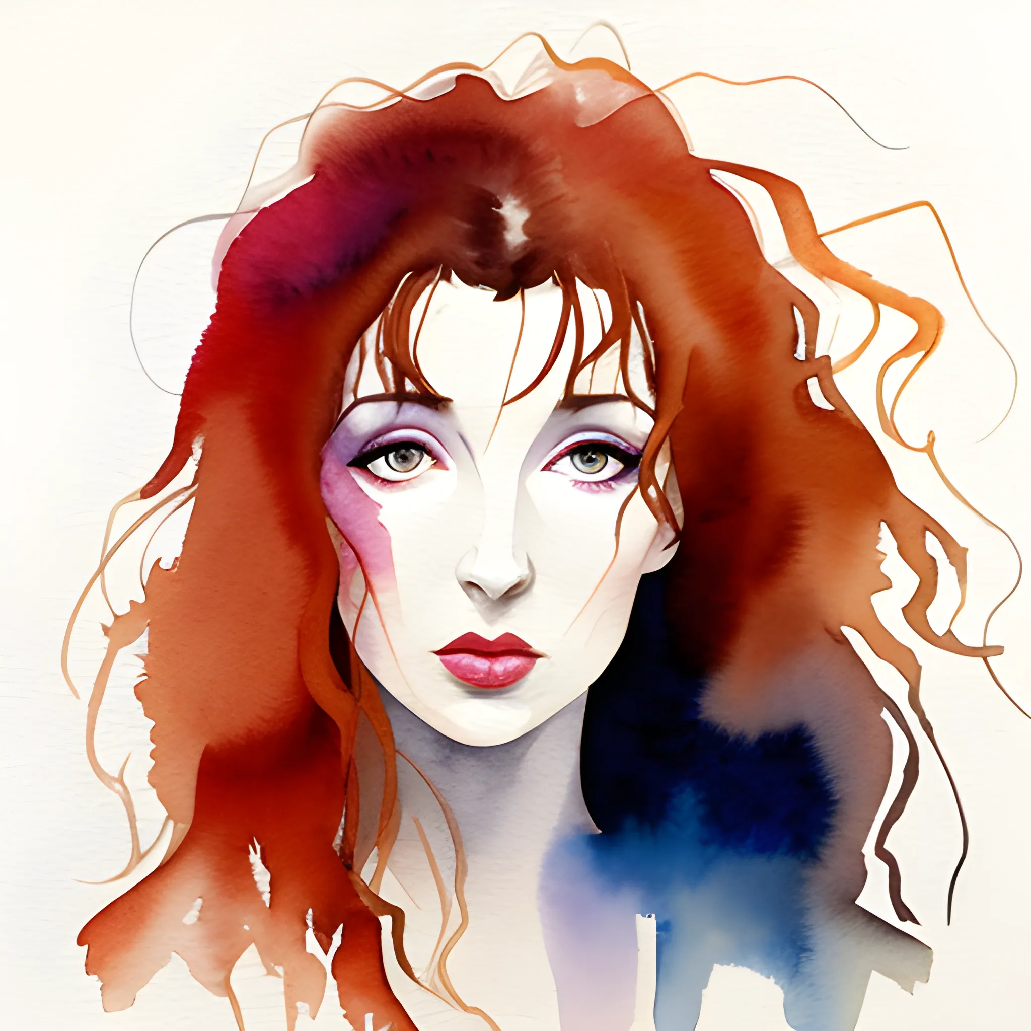 abstract watercolour sketch of Kate Bush, wild dark red hair, hazel eyes, dark sensual eyes, thin pouting lips, slim nose, pale skin, intense beauty, mysterious, dark yet colorful, realistic, high quality rendering, Water Color