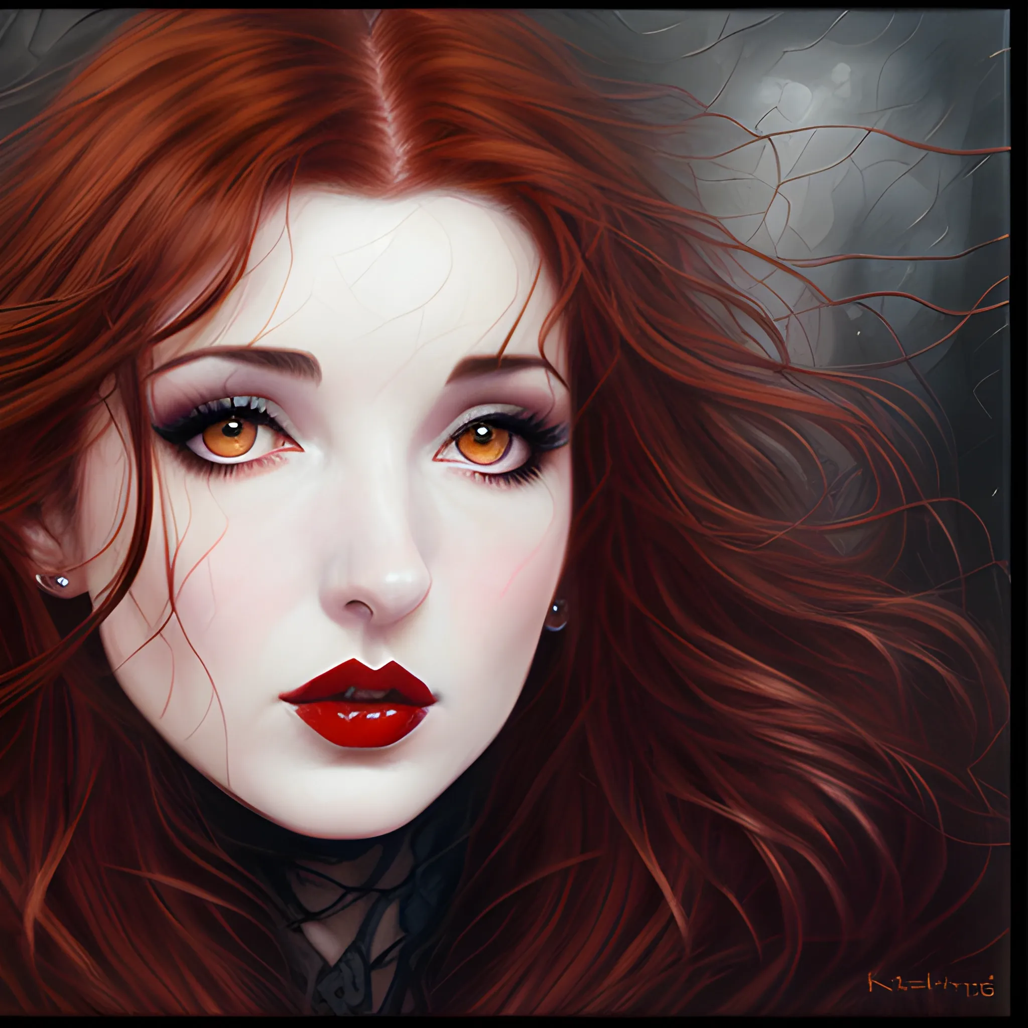 erotic oil painting of Kate Bush, wild dark red hair, hazel eyes, dark sensual eyes, thin pouting lips, slim nose, pale skin, Gothic beauty, intense beauty, mysterious, dark yet colorful, realistic, high quality rendering