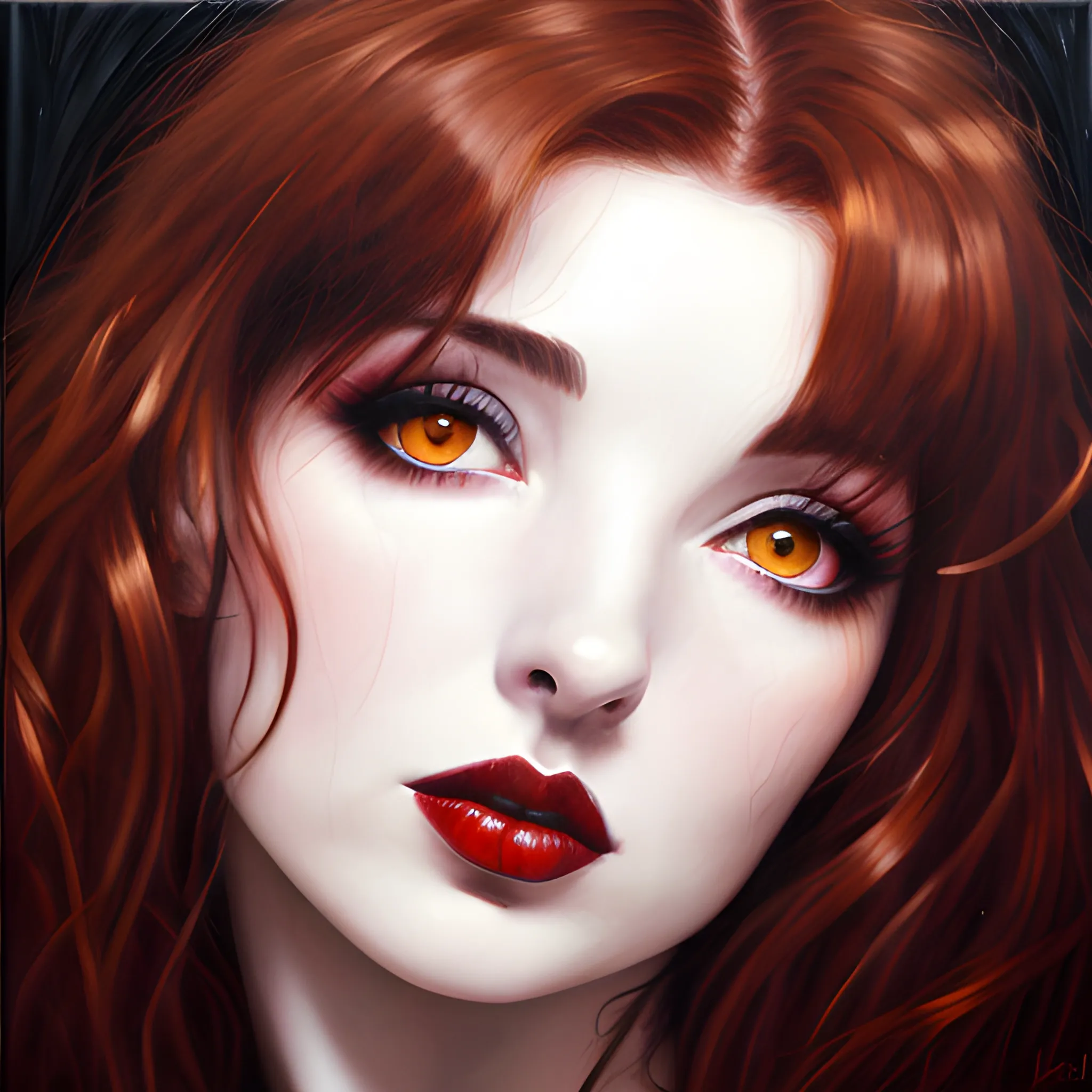 dark erotic oil painting of Kate Bush, wild dark red hair, hazel eyes, dark sensual eyes, thin pouting lips, slim nose, pale skin, Gothic beauty, intense beauty, mysterious, dark yet colorful, realistic, high quality rendering