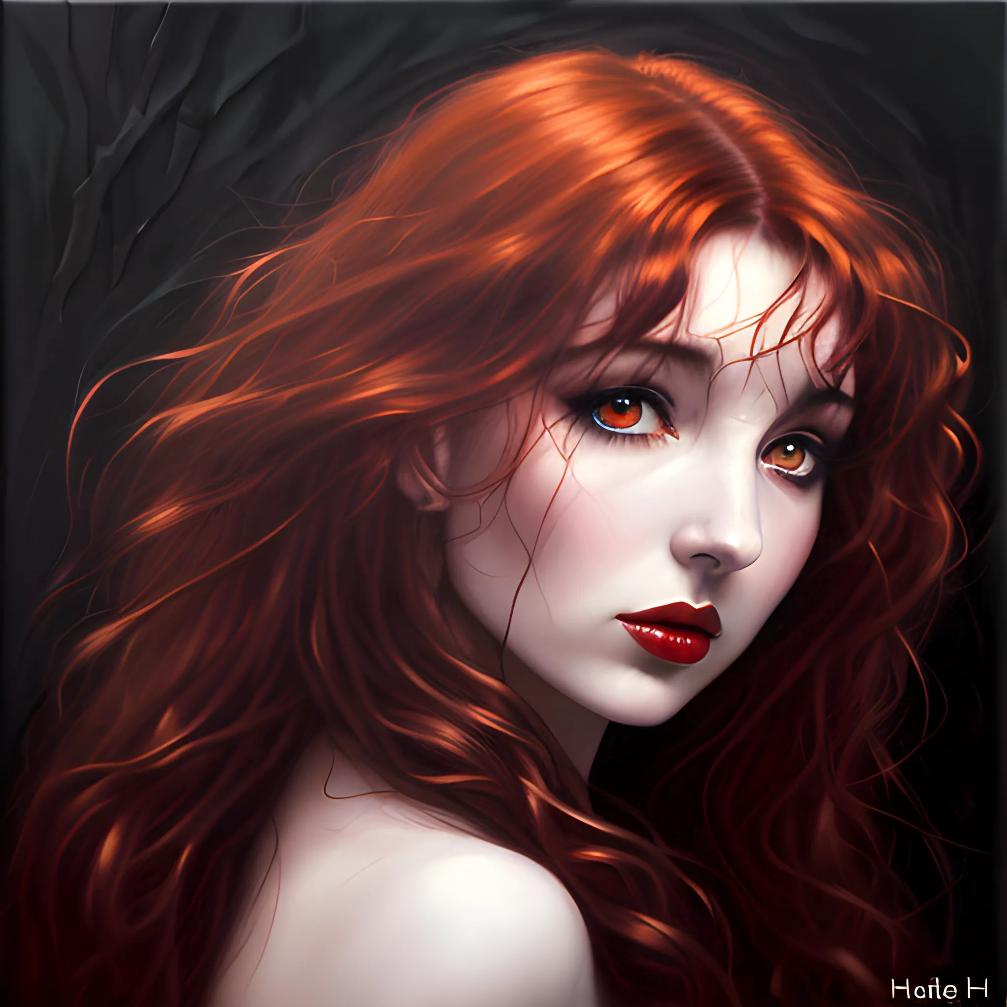 dark erotic oil painting of Kate Bush, wild dark red hair, hazel eyes, dark sensual eyes, thin pouting lips, slim nose, pale skin, sensual Gothic beauty, intense beauty, mysterious, dark yet colorful, realistic, high quality rendering