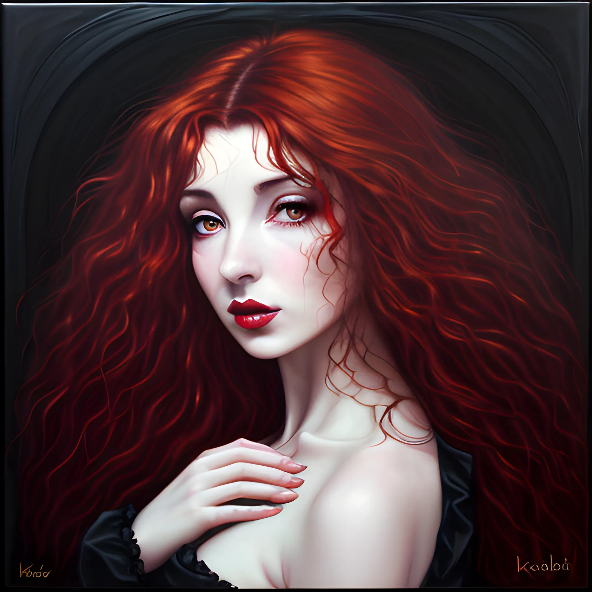 dark erotic oil painting of Kate Bush, wild dark red hair, hazel eyes, dark sensual eyes, thin pouting lips, slim nose, pale skin, super confident and aloof, sensual Gothic beauty, intense beauty, mysterious, dark yet colorful, realistic, high quality rendering