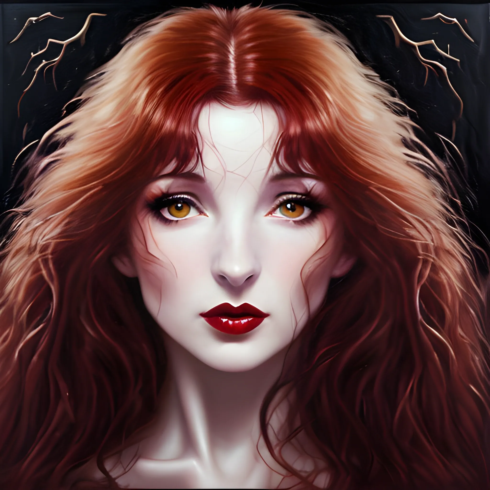 dark erotic oil painting of Kate Bush, wild dark red hair, hazel eyes, dark sensual eyes, thin pouting lips, slim nose, pale skin, super confident and aloof, sensual Gothic beauty, intense beauty, mysterious, dark yet colorful, realistic, high quality rendering