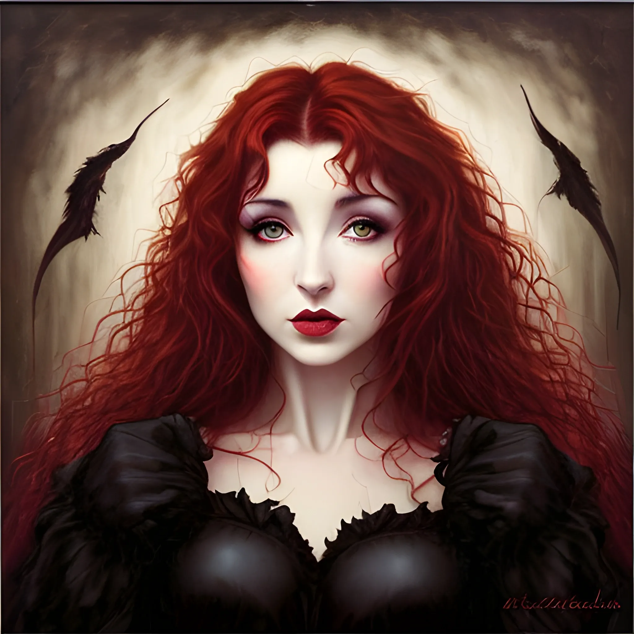 dark erotic oil painting of Kate Bush, wild dark red hair, hazel eyes, dark sensual eyes, thin pouting lips, slim nose, pale skin, super confident and aloof, sensual Gothic beauty, intense beauty, mysterious, dark yet colorful, realistic, high quality rendering