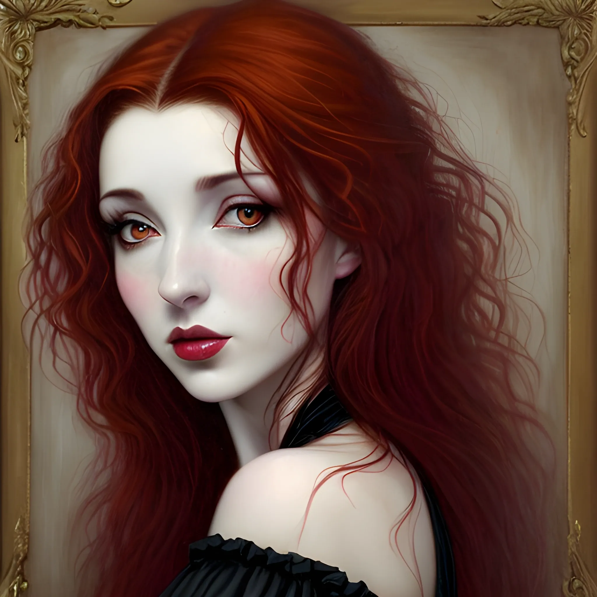 dark erotic renaissance oil painting of Kate Bush, wild dark red hair, hazel eyes, dark sensual eyes, thin pouting lips, slim nose, pale skin, super confident and aloof, sensual Gothic beauty, intense beauty, mysterious, dark yet colorful, realistic, high quality rendering