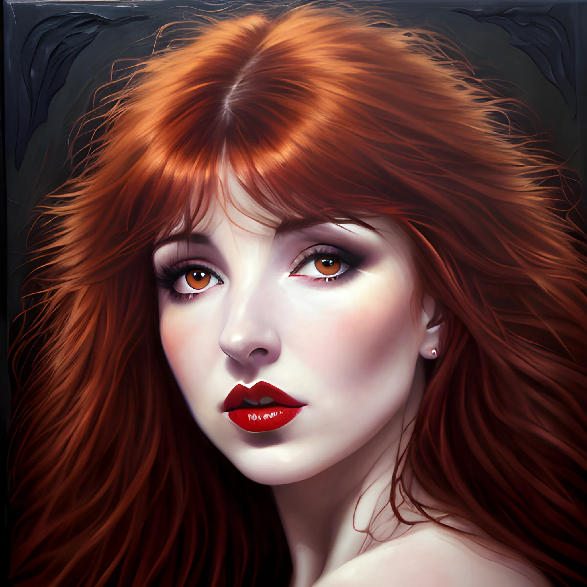 dark erotic oil painting of Kate Bush, wild dark red hair, hazel eyes, dark sensual eyes, thin pouting lips, slim nose, pale skin, deep cleavage, sensual Gothic beauty, intense beauty, mysterious, dark yet colorful, realistic, high quality rendering