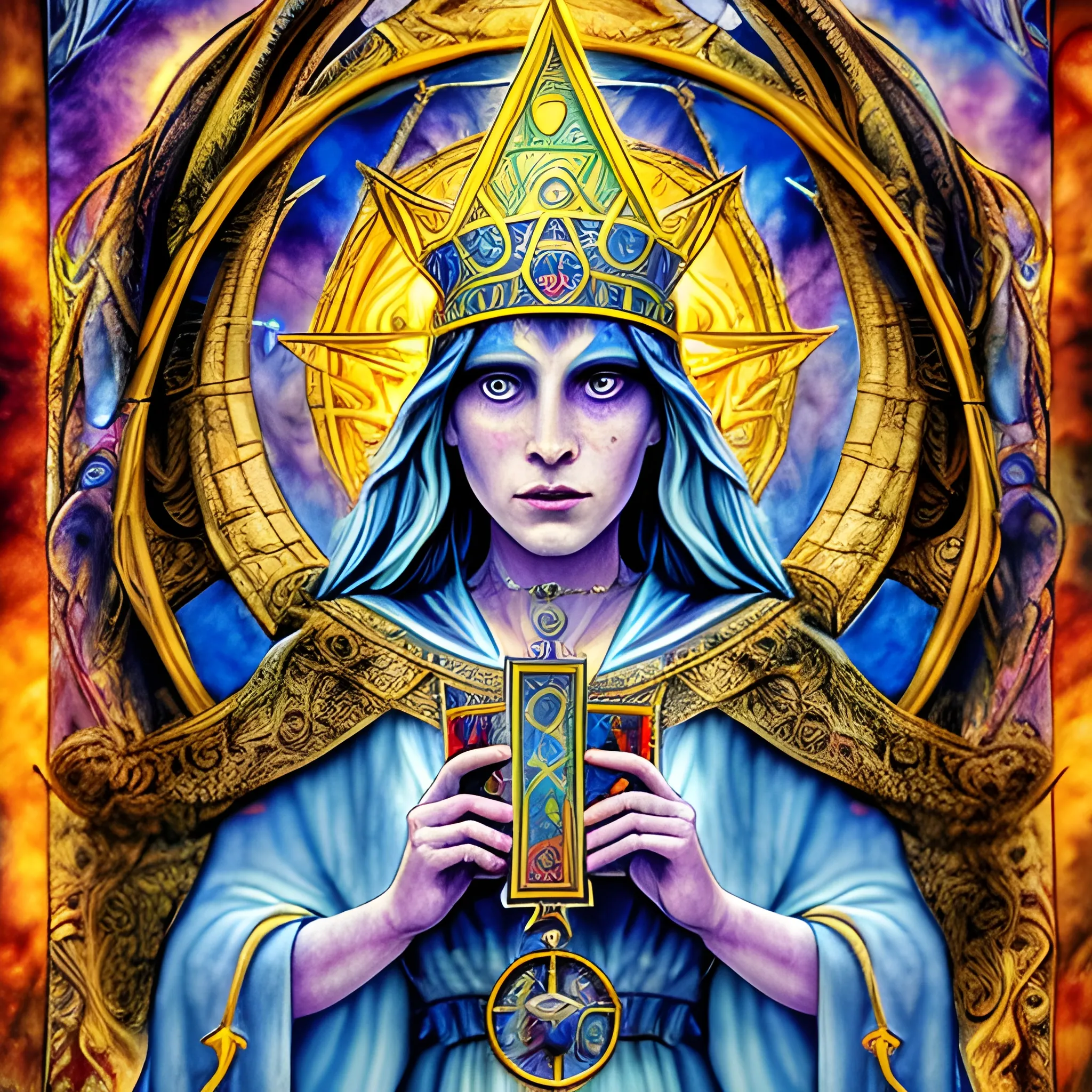 draw the priestess tarot card (high quality), (detailed), (masterpiece), (best quality), (highres), (extremely detailed), (8k), HD, 8k, photography, Water Color, Water Color, Cartoon, Trippy