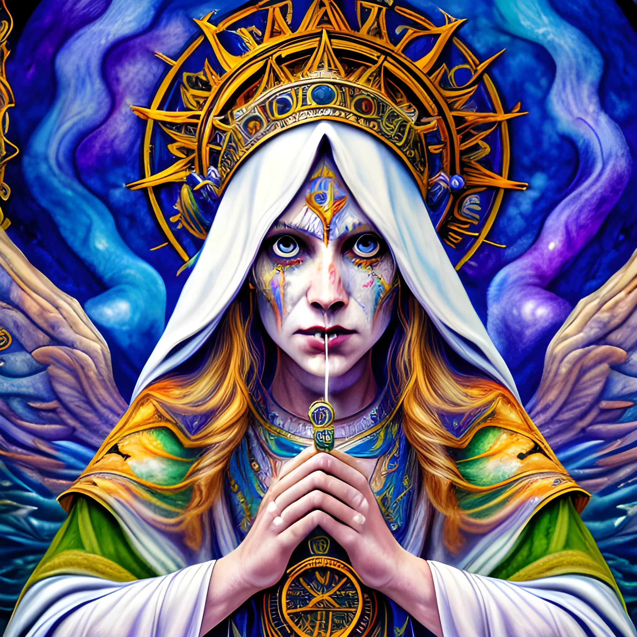 draw the priestess tarot card (high quality), (detailed), (masterpiece), (best quality), (highres), (extremely detailed), (8k), HD, 8k, photography, Water Color, Water Color, Cartoon, Trippy, Oil Painting