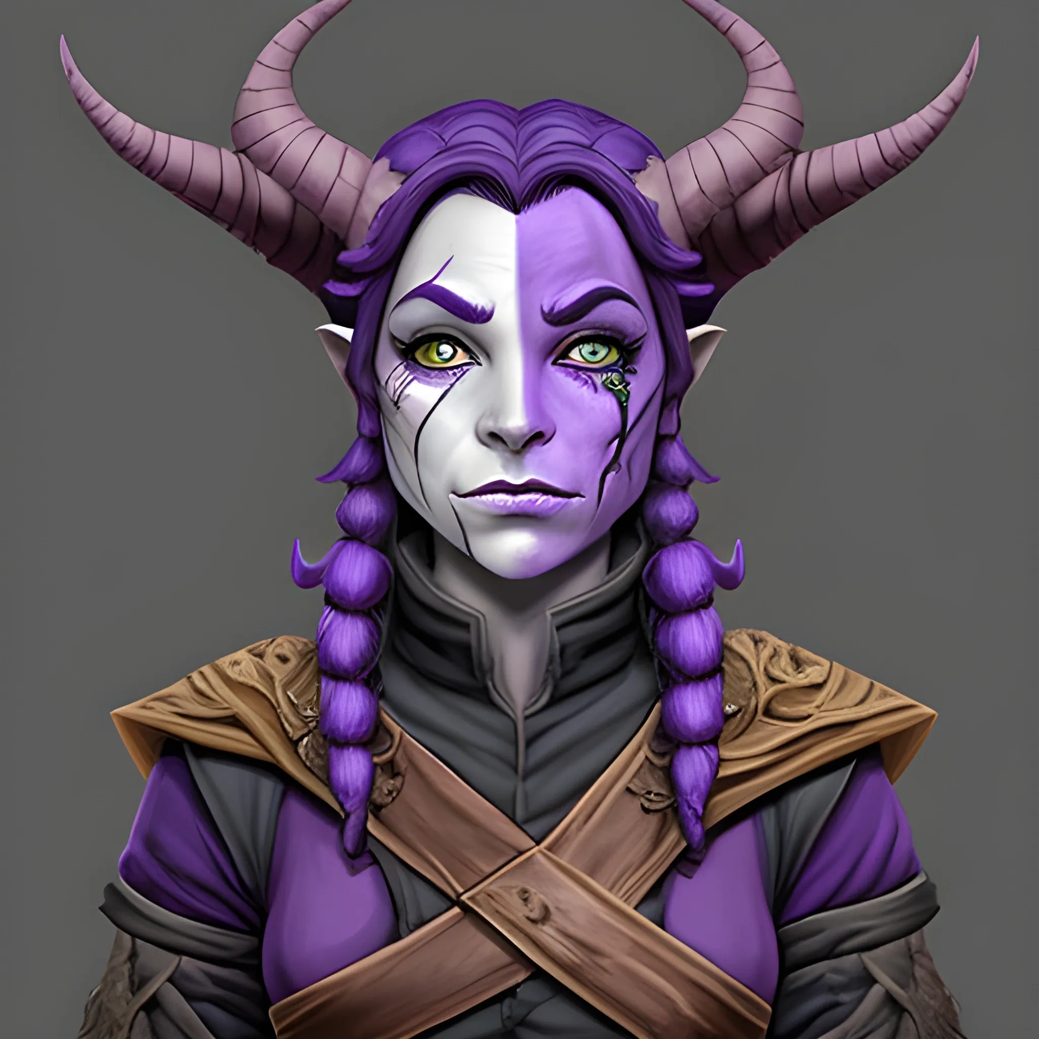 Tiefling ranger who looks like she has a haunted past but is working on trusting the world. She has purple skin and scars on her face. , Trippy