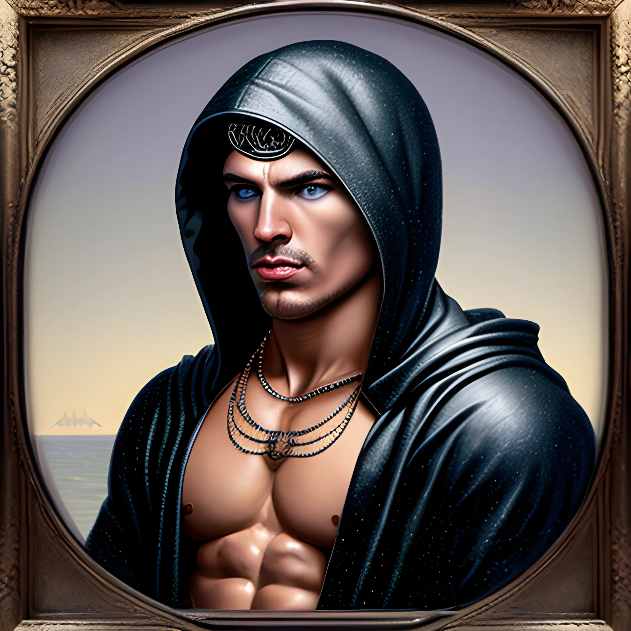 Somewhat muscular man wearing a hood with a necklace resembling that of a crescent moon, 3D, Oil Painting, 3D, Trippy