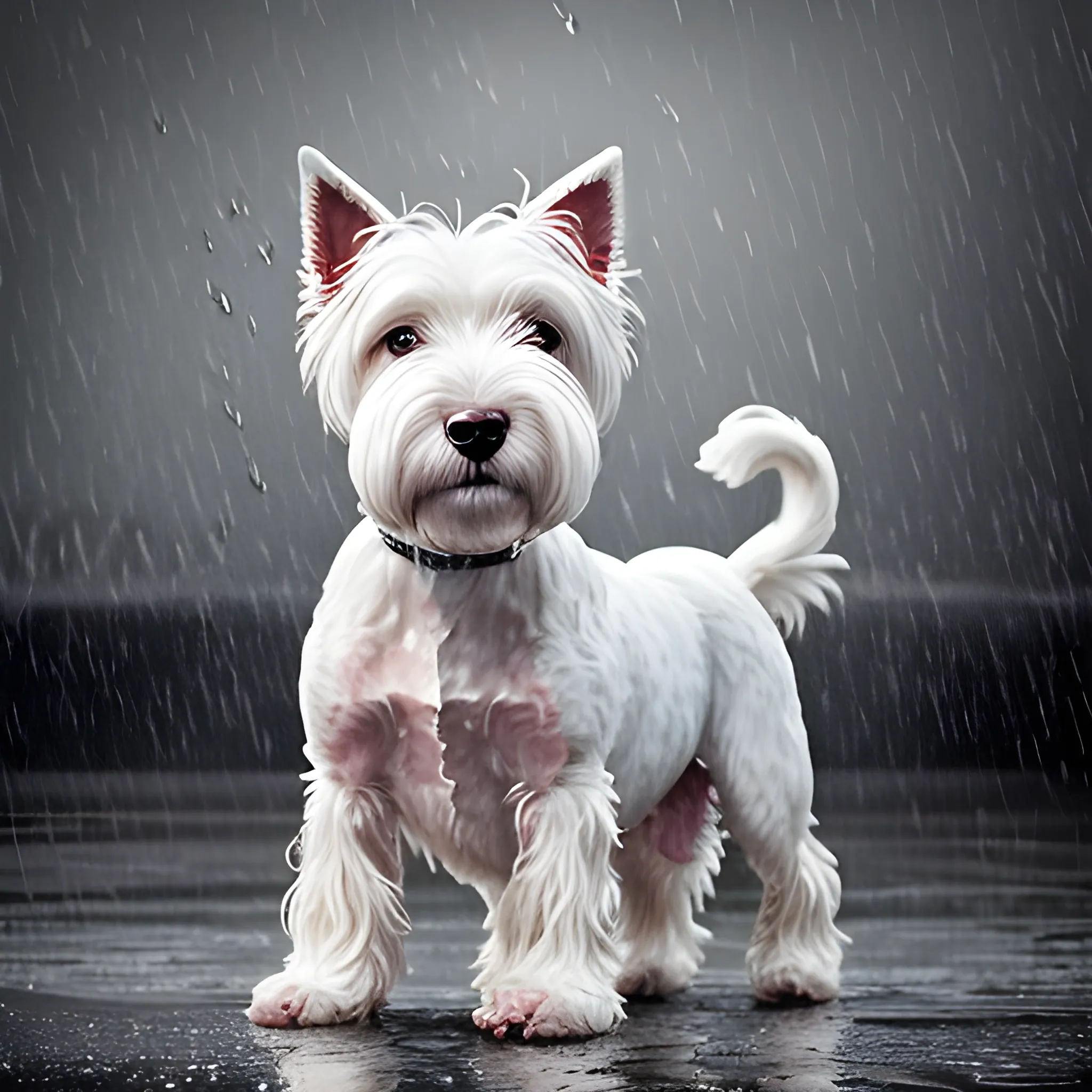 white Westhighlandterrier covering its face with a powerful paw displaying an expression of reluctance, in a wide format. The dogs white coat is mixed with darker tones, accentuating its majestic appearance. The scene now includes rain falling around the dog, creating a dynamic and atmospheric effect with spashes and refelections on the water-covered floor. The background remains dark to highlight the dogs power and majesty. This enhanced image captures the dramatic and, Oil Painting