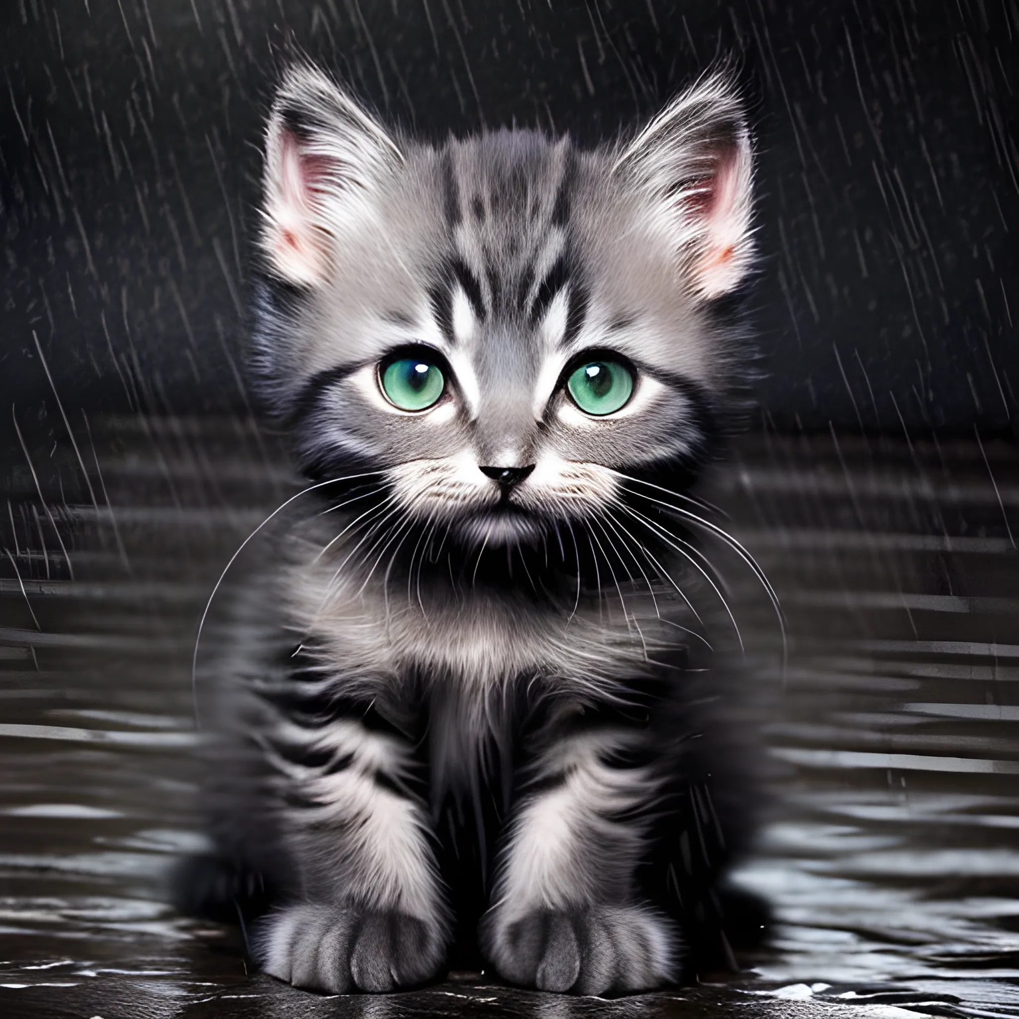 Ragdill kitten sitting, covering its face with a powerful paw displaying an expression of reluctance, in a wide format. The kittens fur is mixed with darker tones, accentuating its majestic appearance. The scene now includes rain falling around the kitten, creating a dynamic and atmospheric effect with spashes and refelections on the water-covered floor. The background remains dark to highlight the cats power and majesty. This enhanced image captures the dramatic and, Oil Painting