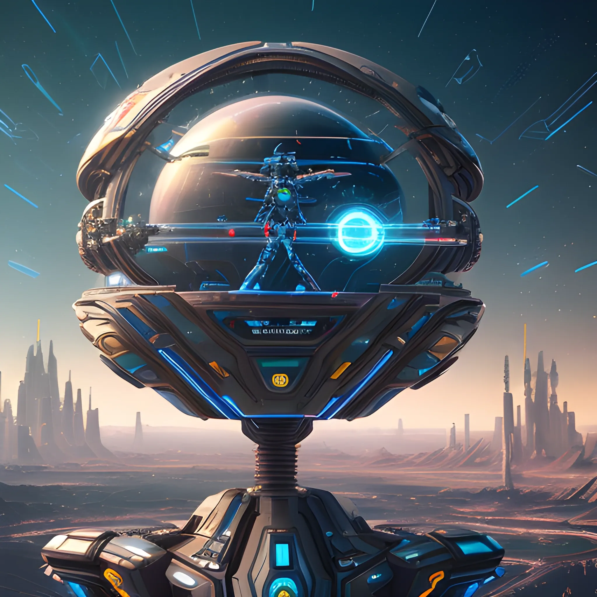 ⚡🌌🚀🛬🤖👾👽🌃🌌🌠🌟⭐🛰️🧑‍🚀🛸🌚
A futuristic, cyberpunk-inspiring a humanoid, metallic mechanical male robot. The scene has various gears, wires, and circuitry, giving off a cool, toxic blue cityscape with towering skyscrapers and holographic advertisements. The overall design oozes a sense of advanced technology and urban grit in space, Sci fi starship biomechanical , complex and detailed, lightning effects, exciting happening warm ambience, ,intricate work , happy peach matte beige ratio,
, close-up, hyper detailed, trending on art station, sharp focus, studio photo, intricate details, highly detailed, vibrant glass, protovision, The starships are flying near metallic gold & forest green wired constructed Saturn -Earth-esque planet. In the style of Larry Niven & James Cameron. 3d render, cinematic, illustration, vibrant, architecture., illustration, 3d render, photo, vibrant, painting, cinematic.