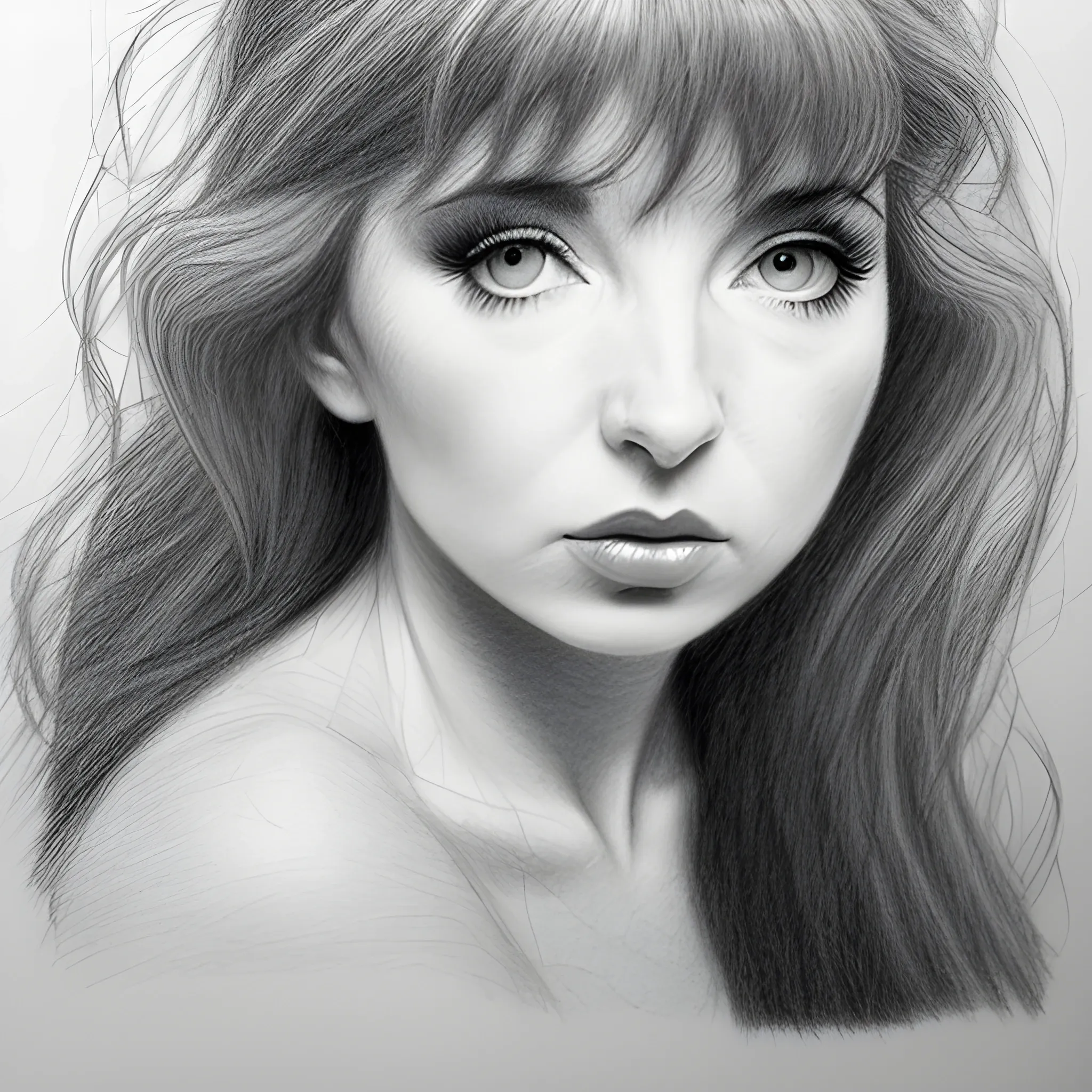 a rough unfinished pencil portrait of Kate Bush, wide eyes, pouting lips, pale skin, dark sensuous eyes, alluring, Pencil Sketch