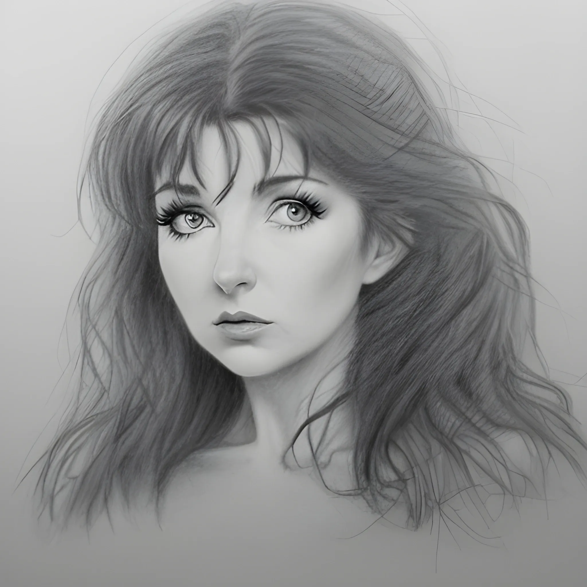 a rough unfinished pencil portrait of Kate Bush, tousled dark wild hair, wide eyes, thin pouting lips, slim nose, pale skin, dark sensuous eyes, alluring, Pencil Sketch