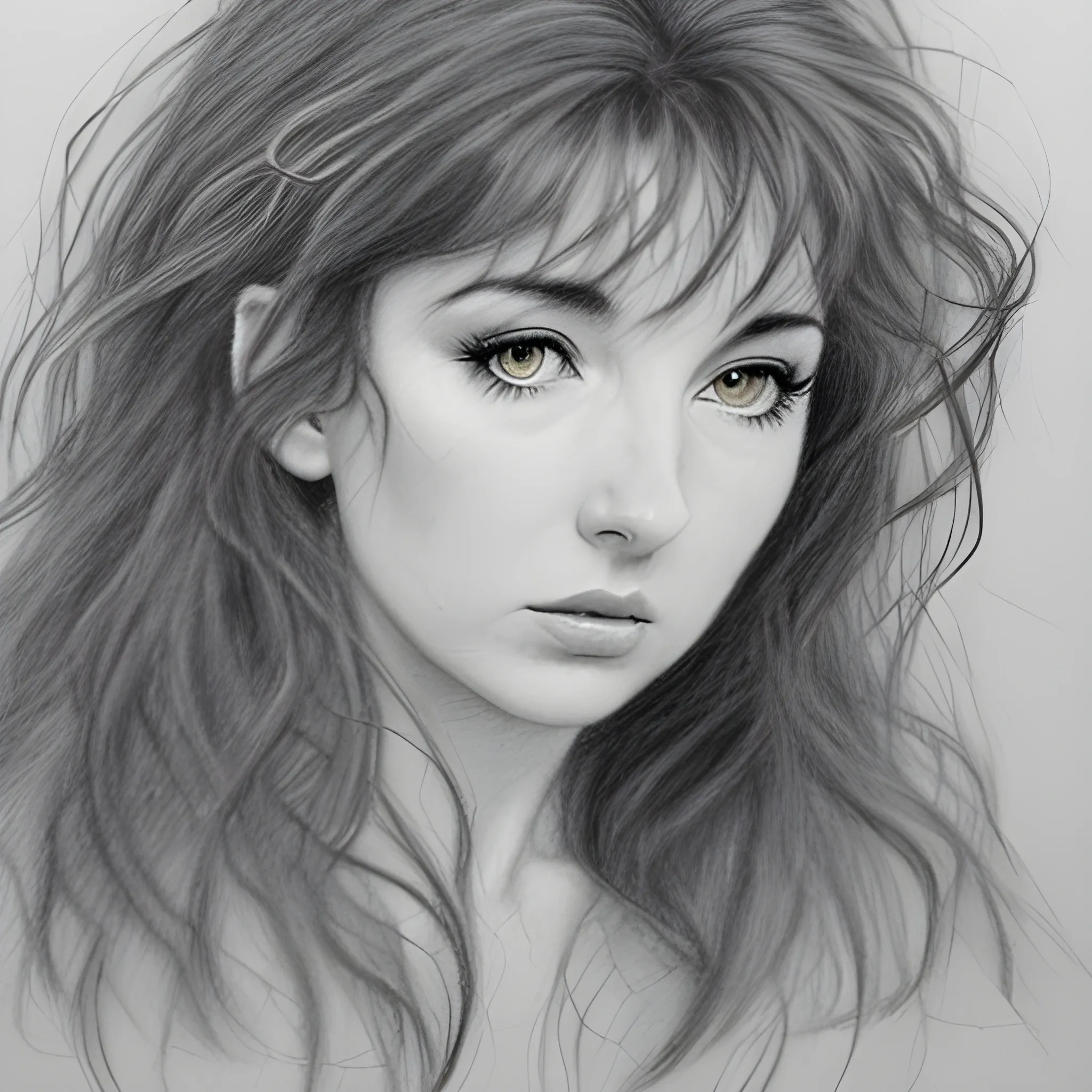 a rough unfinished pencil portrait of Kate Bush, big tousled dark wild hair, wide eyes, thin pouting lips, slim nose, pale skin, dark sensuous eyes, alluring, Pencil Sketch