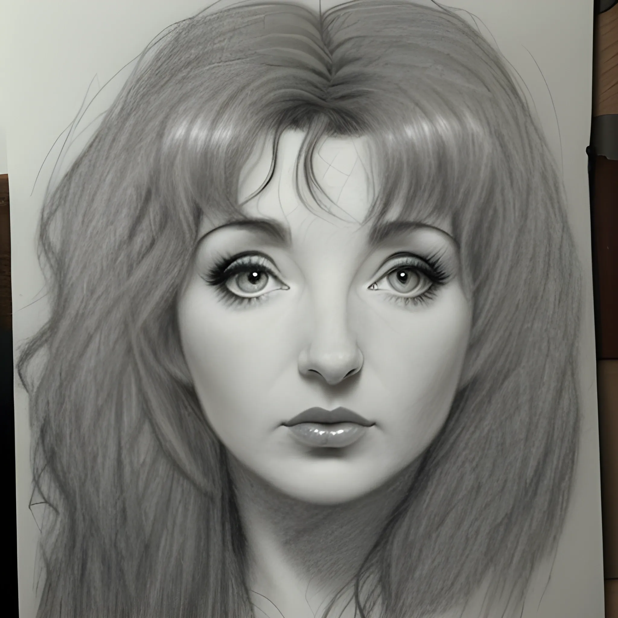 a rough unfinished pencil portrait of Kate Bush, big tousled dark wild hair, wide eyes, thin pouting lips, slim nose, pale skin, dark sensuous eyes, wanton, alluring, Pencil Sketch