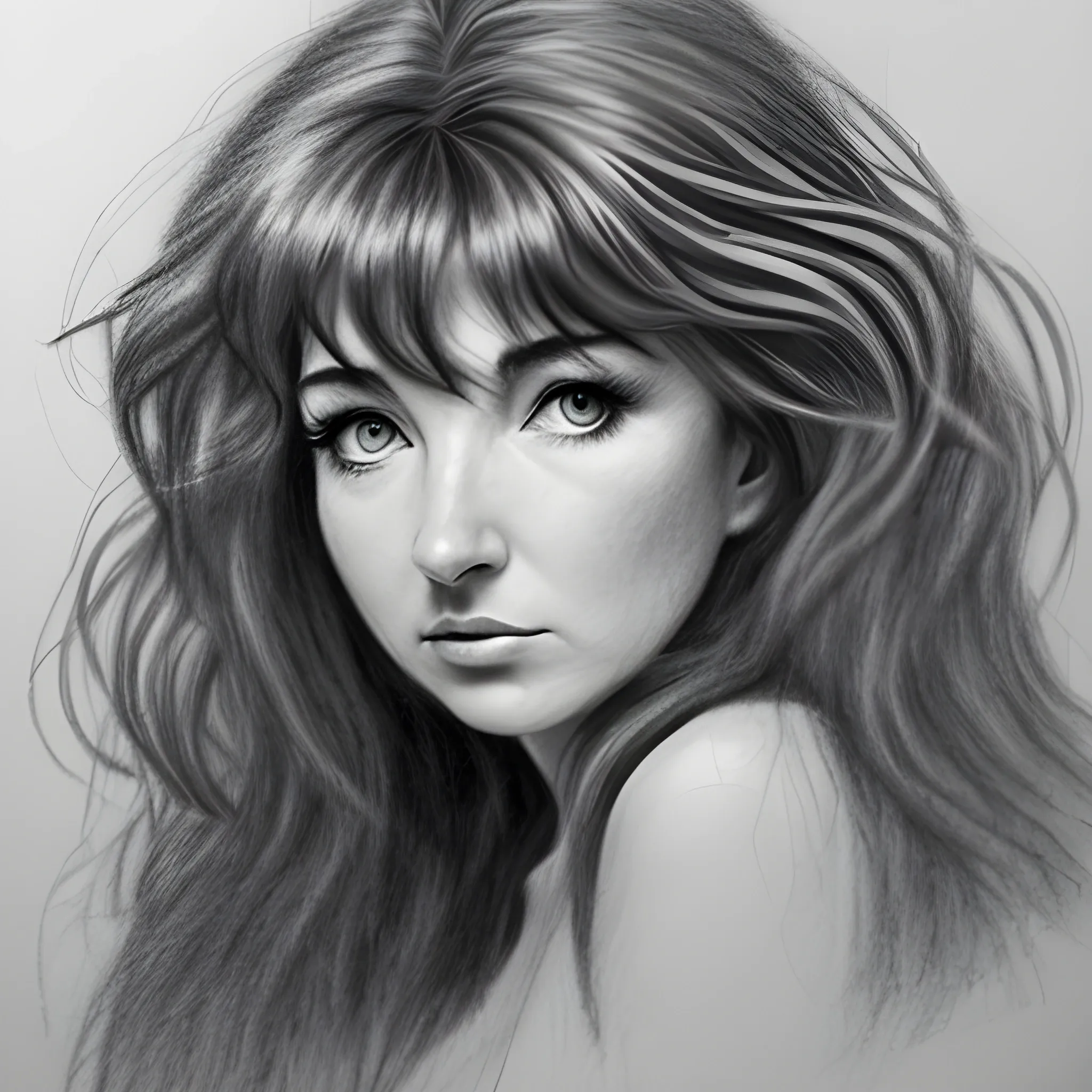 a rough unfinished pencil portrait of Kate Bush, big tousled dark wild hair, wide eyes, thin pouting lips, slim nose, pale skin, dark sensuous eyes, wanton, alluring, Pencil Sketch