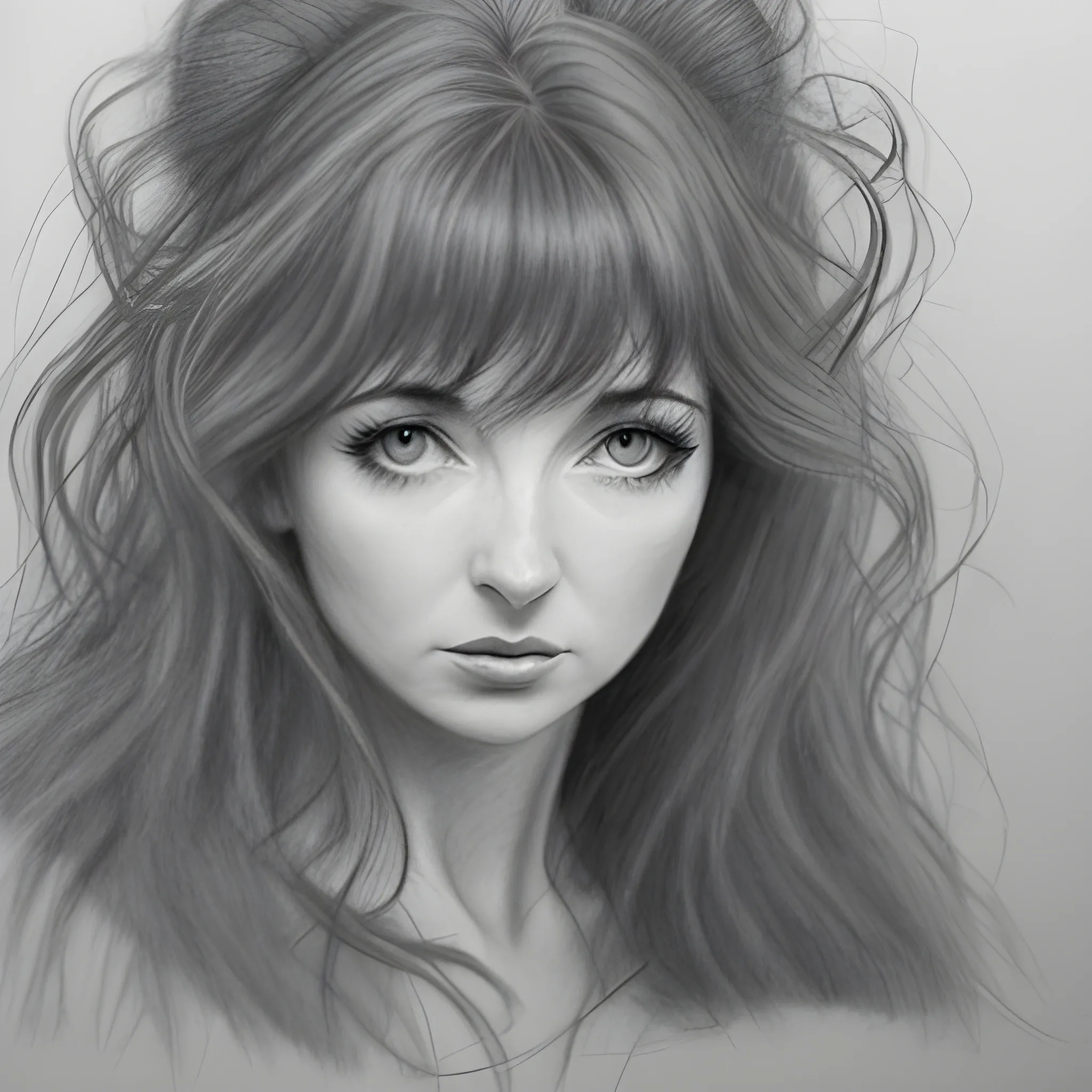 a rough unfinished pencil portrait of Kate Bush, big tousled dark wild hair, wide eyes, thin pouting lips, slim nose, pale skin, dark sensuous eyes, wanton, alluring, Pencil Sketch