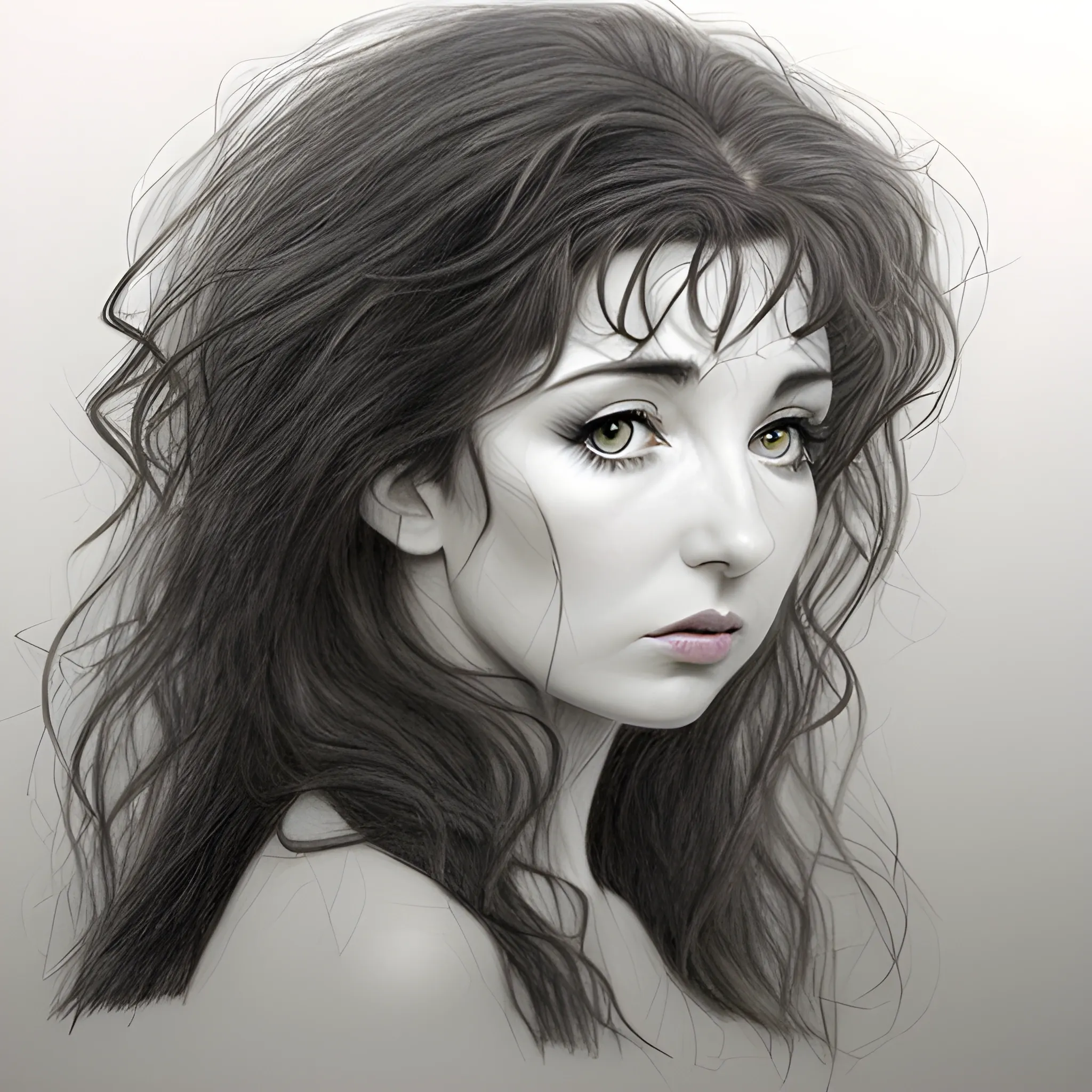 a dark unfinished pencil portrait of Kate Bush, big tousled dark wild hair, wide eyes, thin pouting lips, slim nose, pale skin, dark sensuous eyes, wanton, alluring, Pencil Sketch