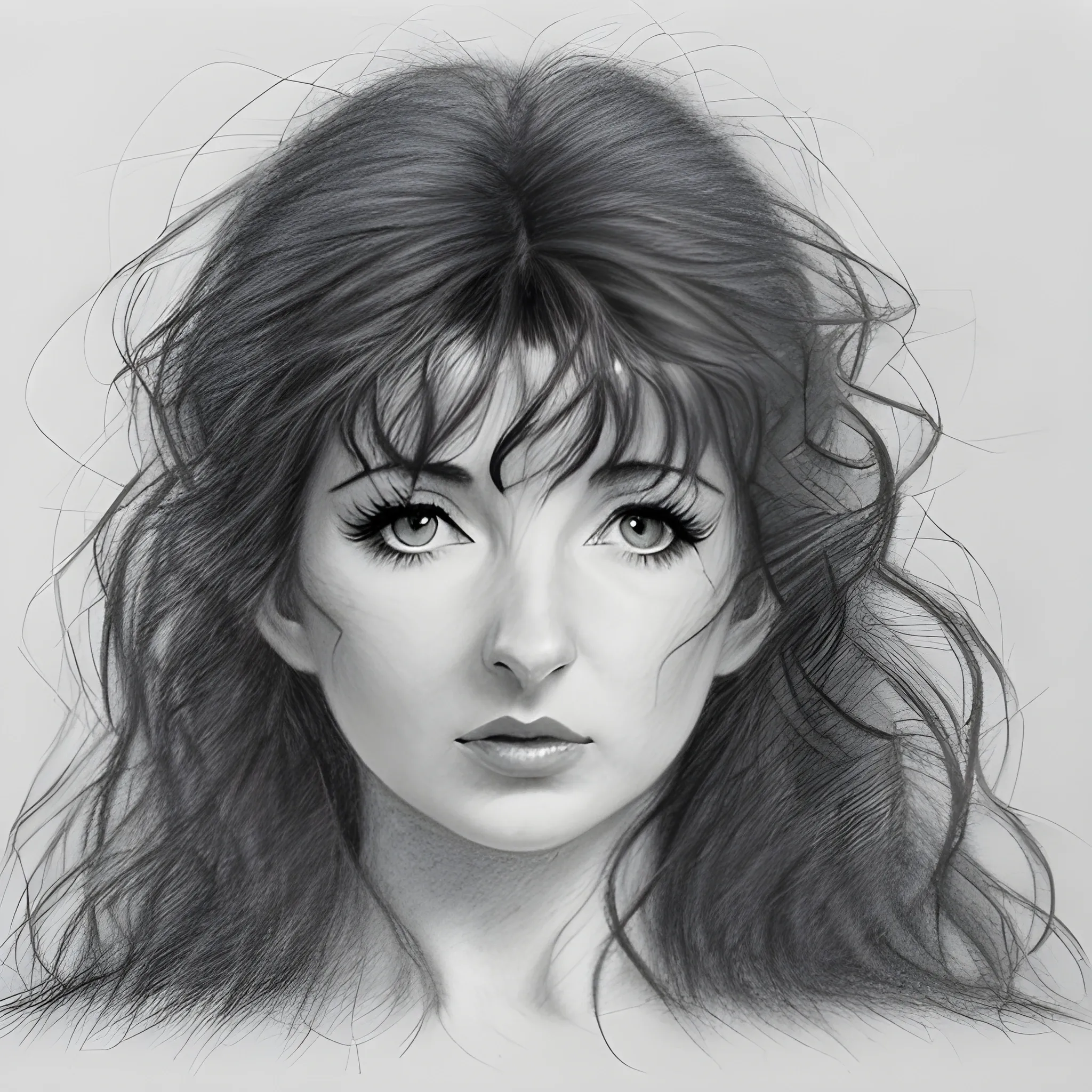 a dark unfinished pencil portrait of Kate Bush, big tousled dark wild hair, wide eyes, thin pouting lips, slim nose, pale skin, dark sensuous eyes, wanton, alluring, Pencil Sketch