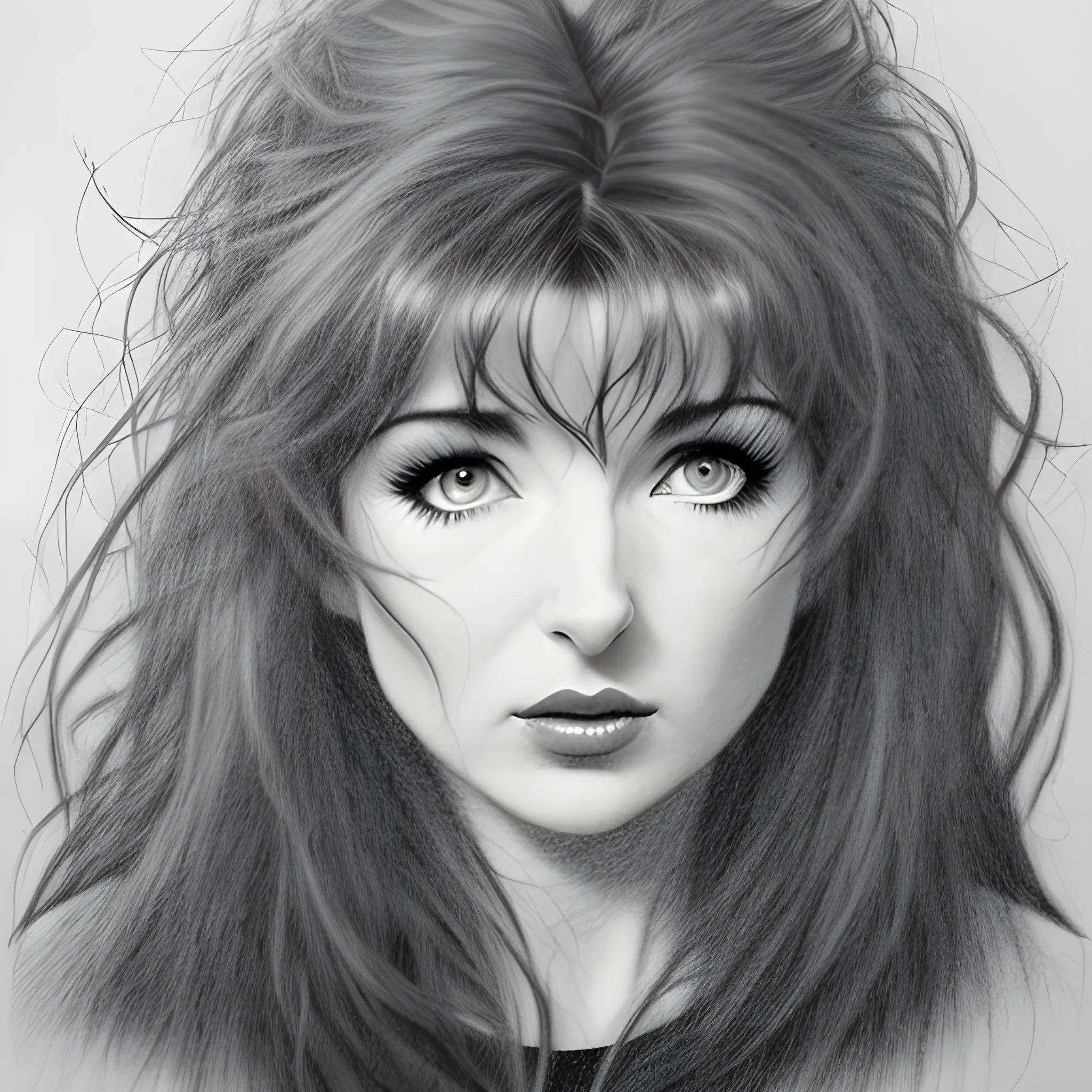 a dark erotic pencil portrait of Kate Bush, big tousled dark wild hair, wide eyes, thin pouting lips, slim thin nose, pale skin, dark sensuous eyes, wanton, alluring, Dark Pencil Sketch,