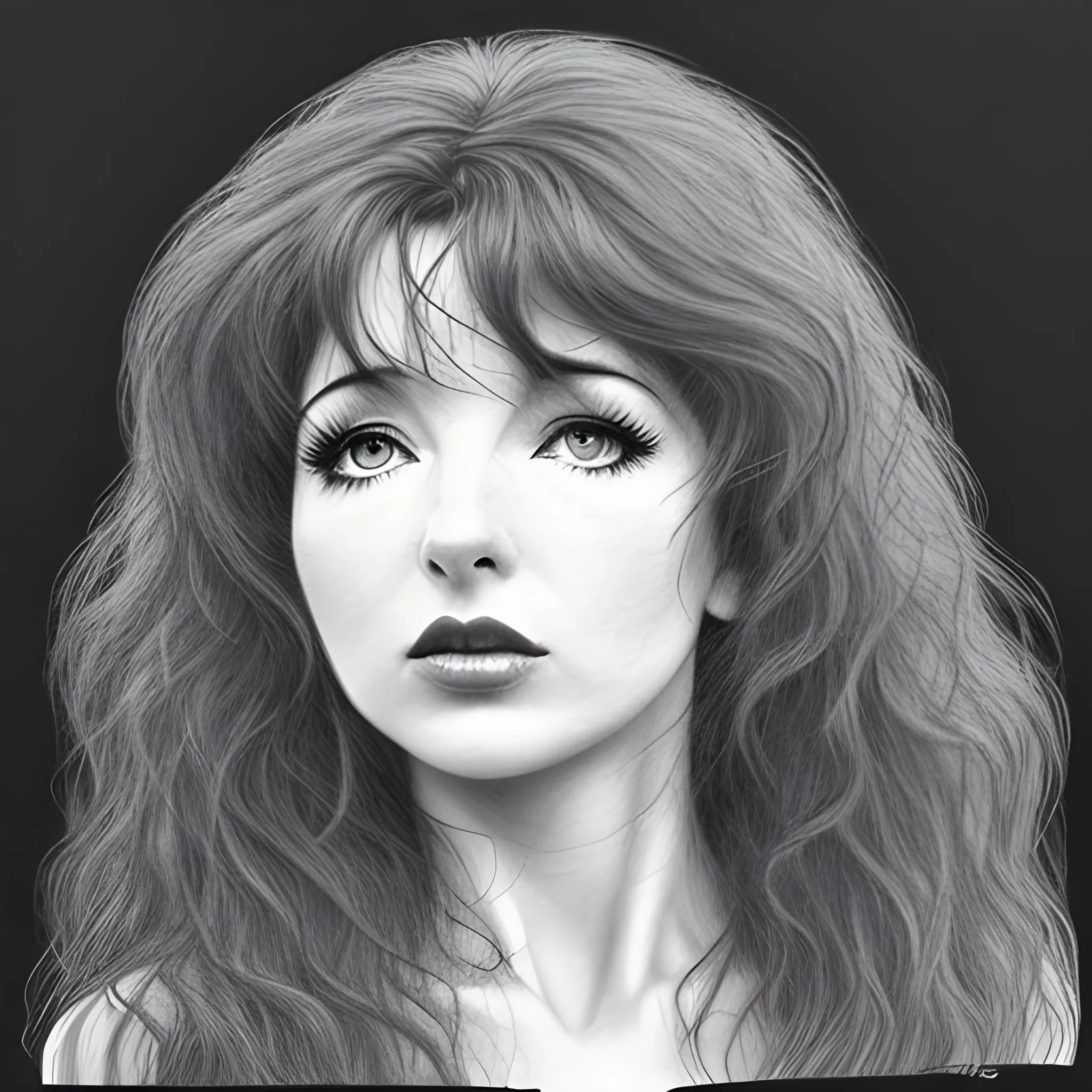 a dark erotic pencil portrait of Kate Bush, big tousled dark wild hair, wide eyes, thin pouting lips, slim thin nose, pale skin, dark sensuous eyes, wanton, alluring, sensual, Dark Pencil Sketch,