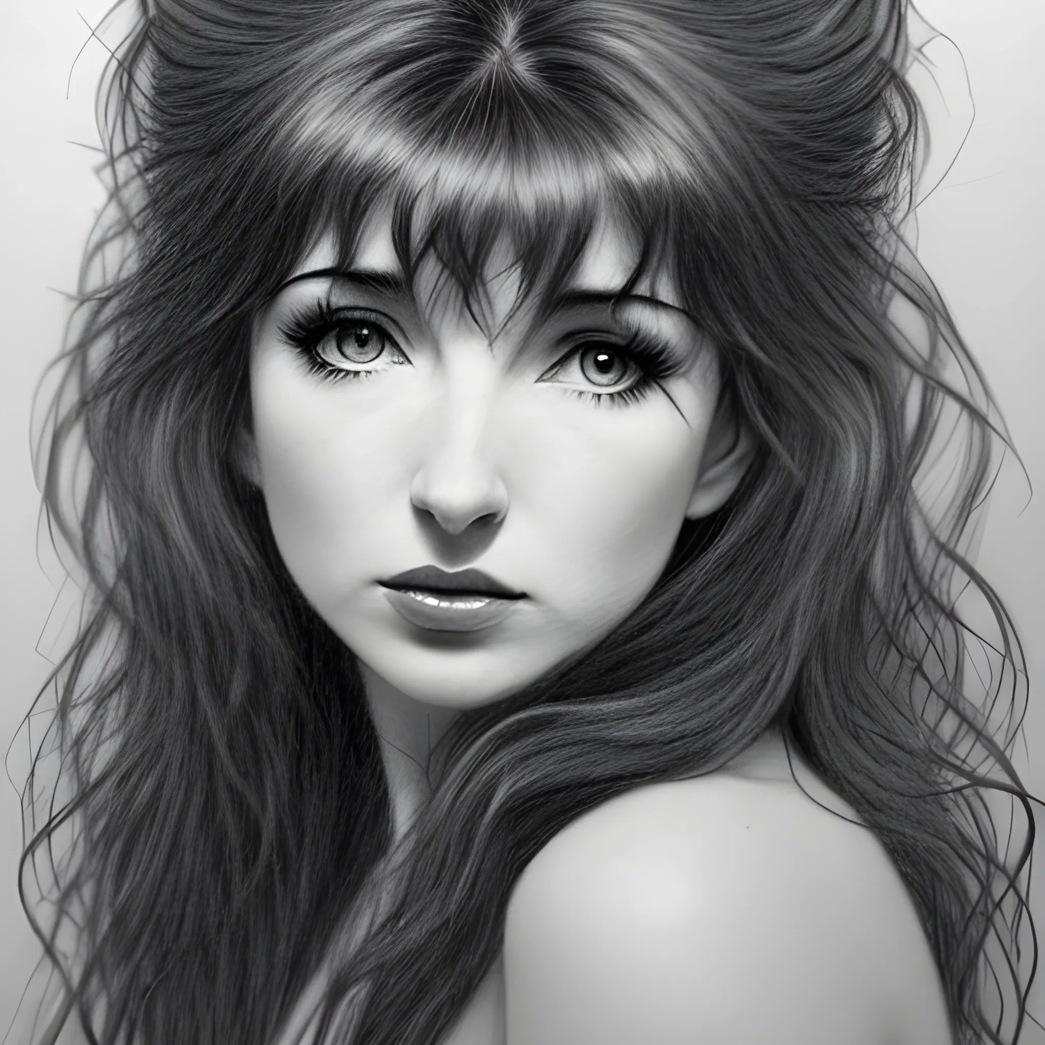 a dark erotic pencil portrait of Kate Bush, big tousled dark wild hair, wide eyes, direct eye contact, thin pouting lips, slim thin nose, pale skin, dark sensuous eyes, wanton, alluring, sensual, Dark Pencil Sketch,