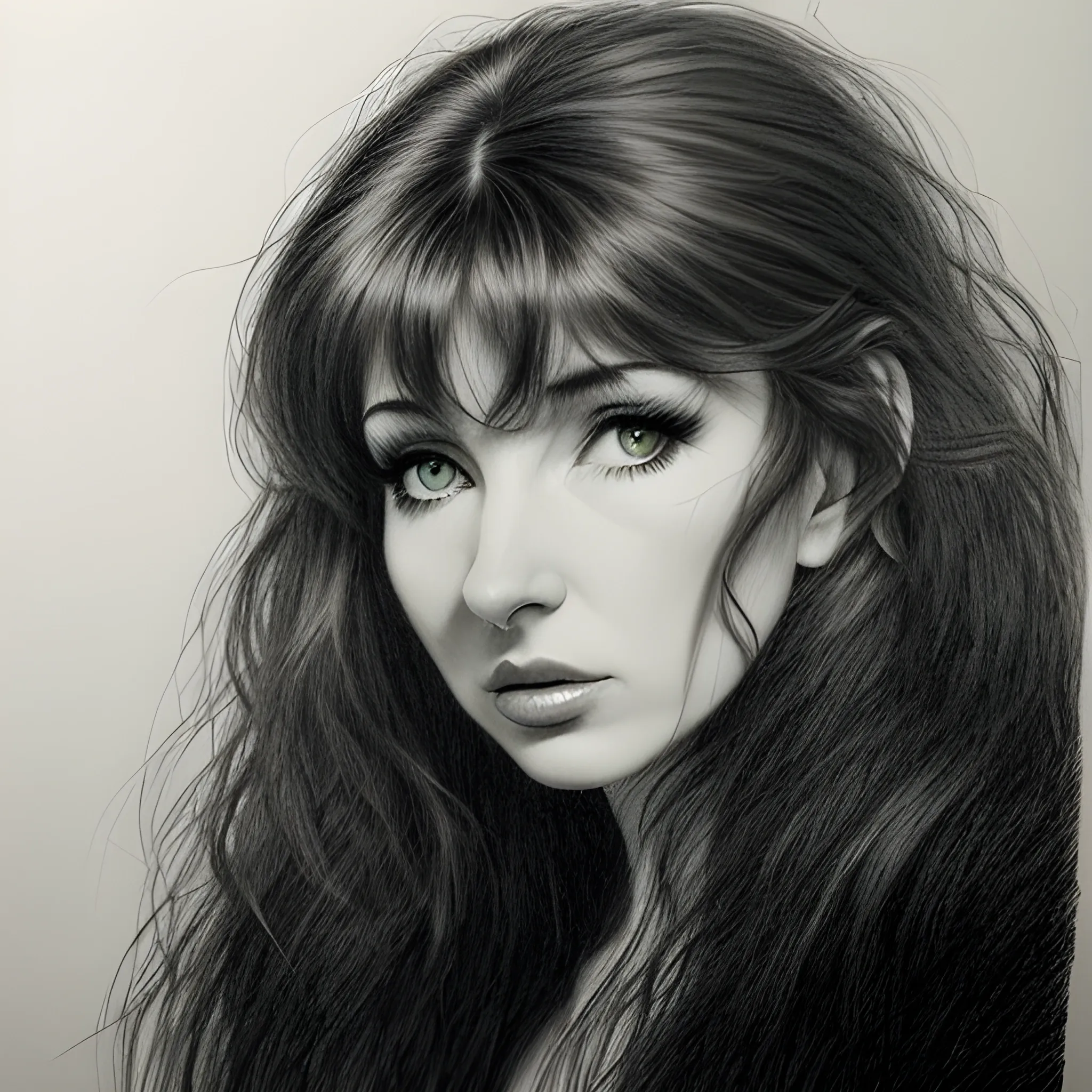 a dark erotic pencil portrait of Kate Bush, big tousled dark wild hair, wide eyes, direct eye contact, thin pouting lips, slim thin nose, pale skin, dark sensuous eyes, wanton, alluring, sensual, Dark Pencil Sketch,