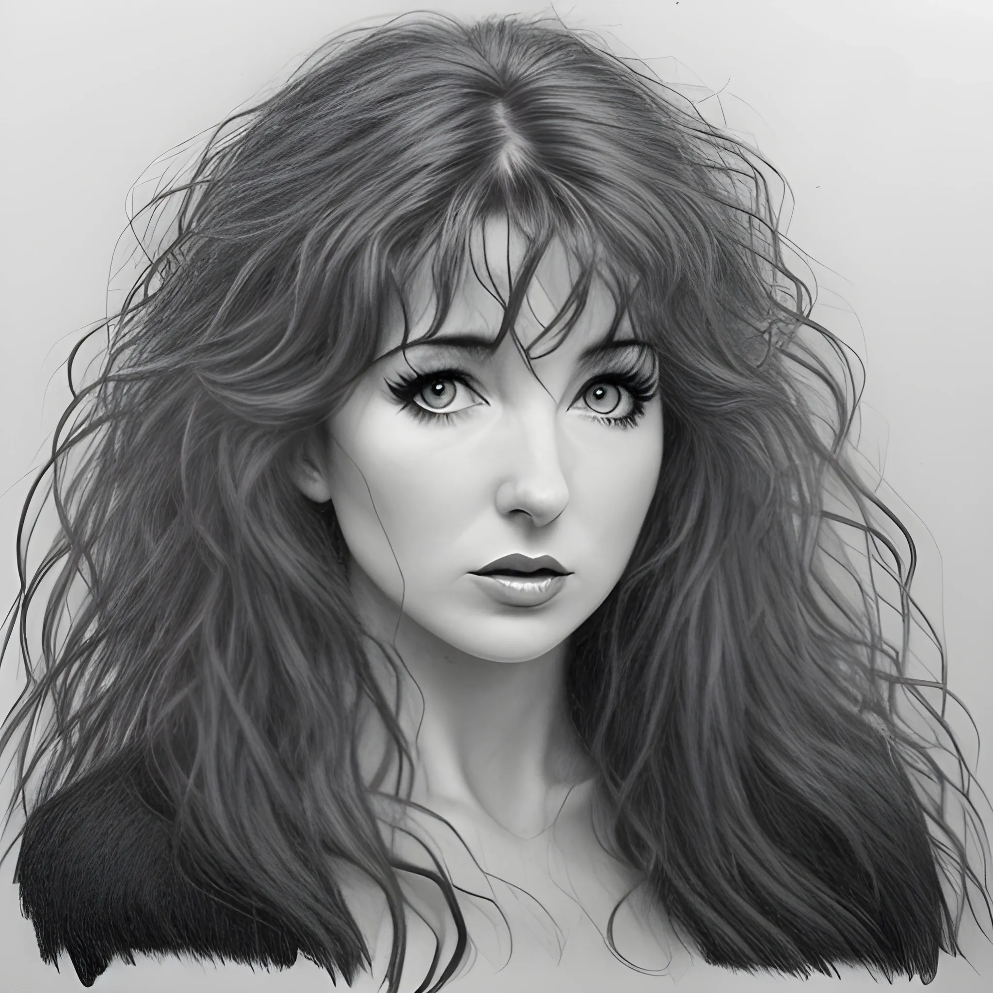 a dark erotic pencil portrait of Kate Bush, big tousled dark wild hair, wide eyes, direct eye contact, thin pouting lips, slim thin nose, pale skin, dark sensuous eyes, wanton, alluring, sensual, Dark Pencil Sketch,