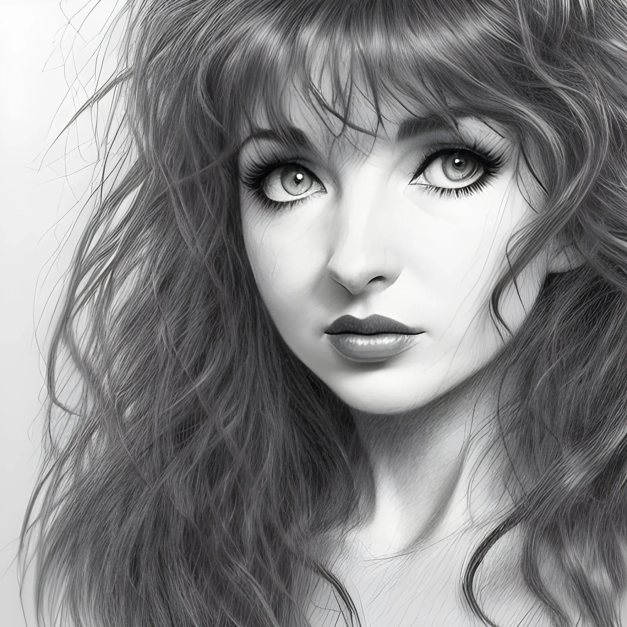 a dark erotic pencil portrait of Kate Bush, big tousled dark wild hair, wide eyes, direct eye contact, thin pouting lips, slim thin nose, pale skin, dark sensuous eyes, wanton, alluring, sensual, Dark Pencil Sketch,