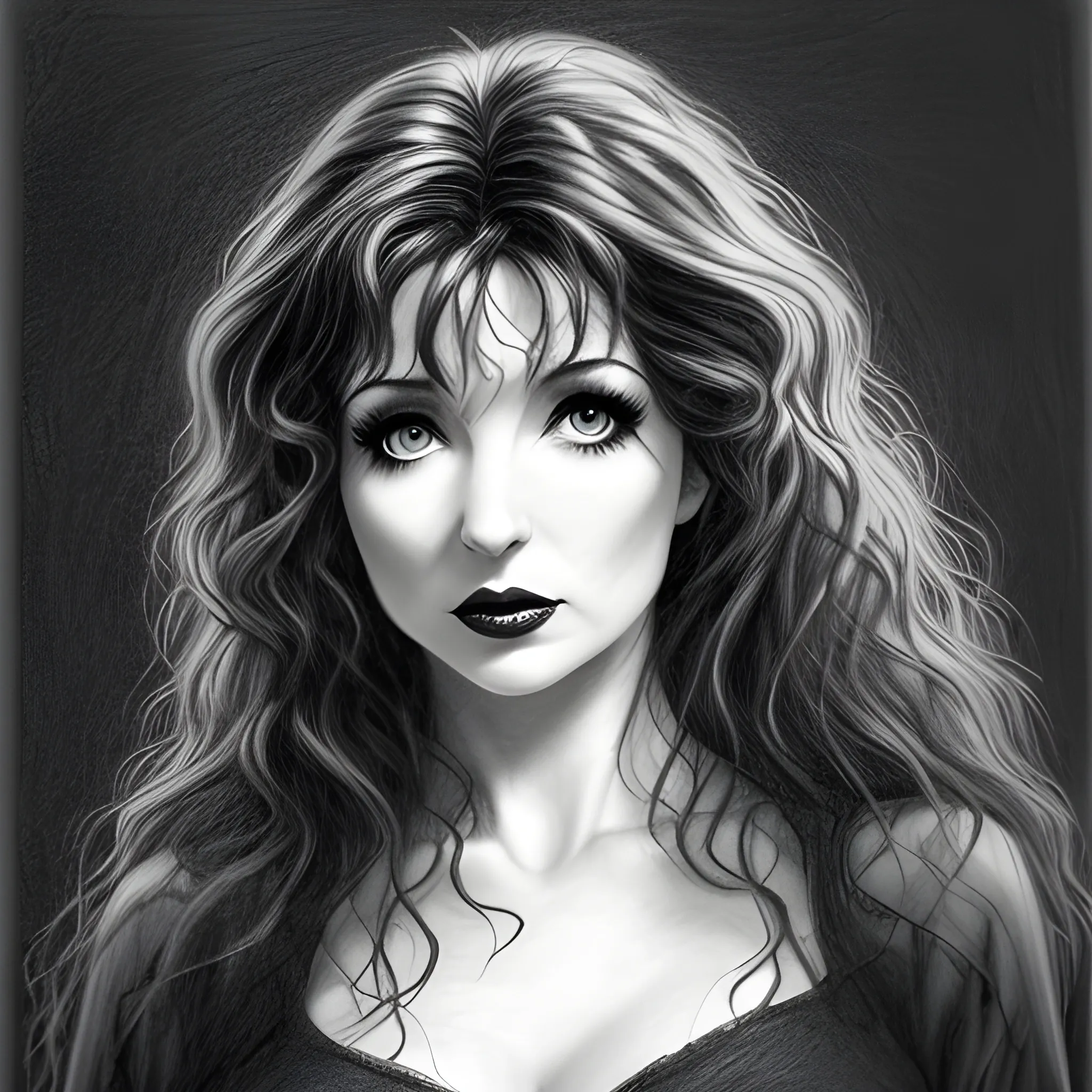 a dark erotic pencil portrait of vamp Kate Bush, big tousled dark wild hair, wide eyes, direct eye contact, thin pouting lips, slim thin nose, pale skin, dark sensuous eyes, wanton, alluring, sensual, Dark Pencil Sketch,