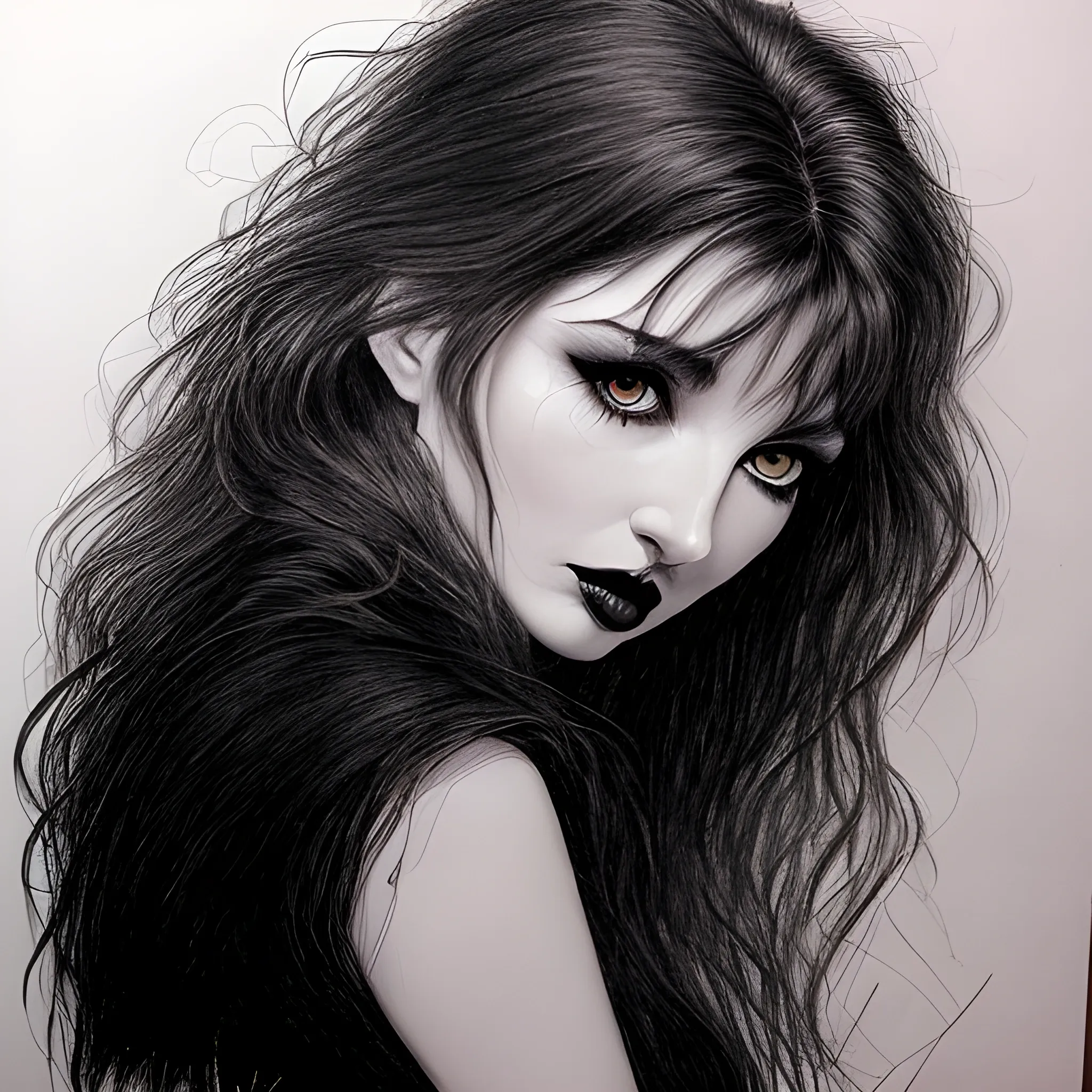 a dark erotic pencil portrait of vamp Kate Bush, big tousled dark wild hair, wide eyes, direct eye contact, thin pouting lips, slim thin nose, pale skin, dark sensuous eyes, wanton, alluring, sensual, Dark Pencil Sketch,