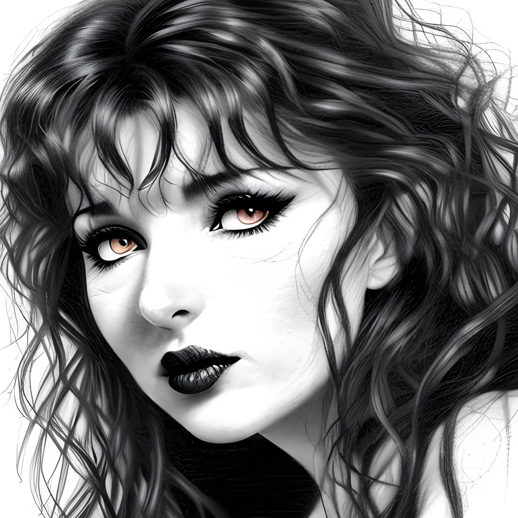 a dark erotic pencil portrait of lusty vamp Kate Bush, big tousled dark wild hair, wide eyes, direct eye contact, thin pouting lips, slim thin nose, pale skin, dark sensuous eyes, wanton, alluring, sensual, Dark Pencil Sketch,