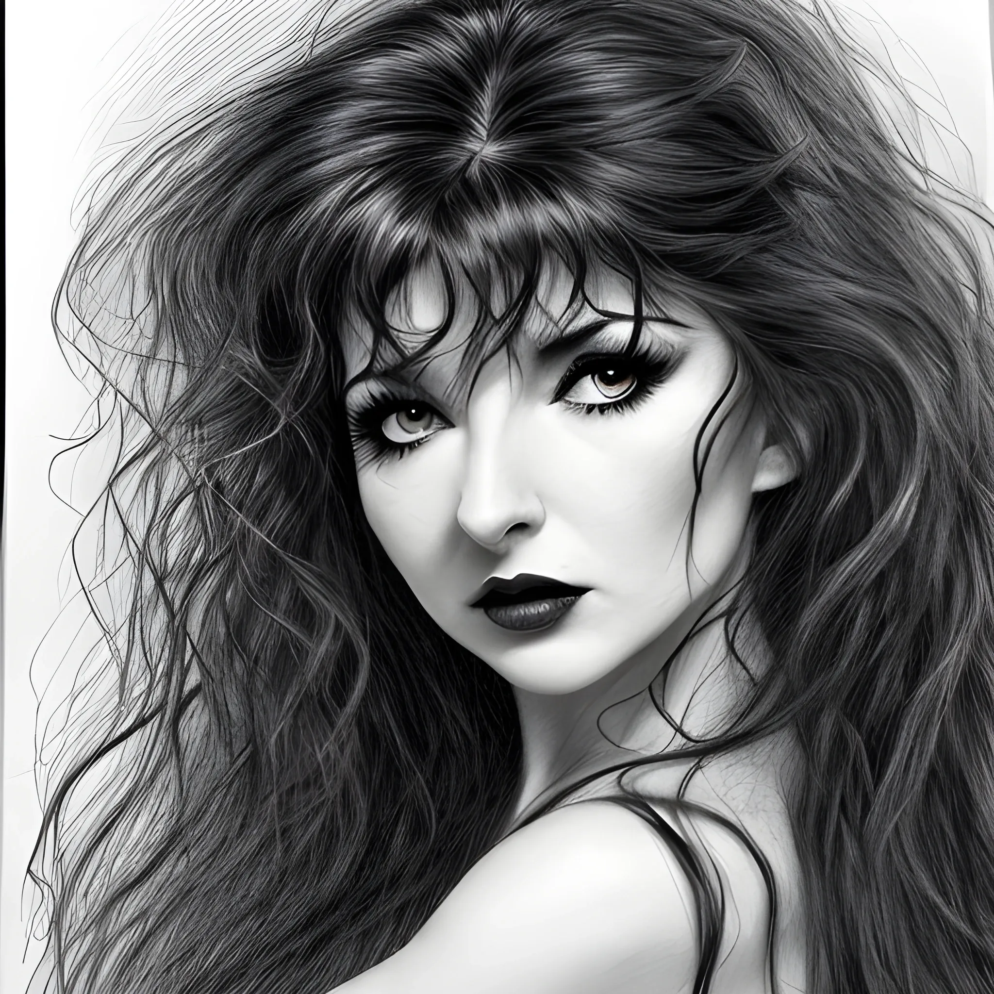 a dark erotic pencil portrait of lusty vamp Kate Bush, big tousled dark wild hair, wide eyes, direct eye contact, thin pouting lips, slim thin nose, pale skin, dark sensuous eyes, wanton, alluring, sensual, Dark Pencil Sketch,