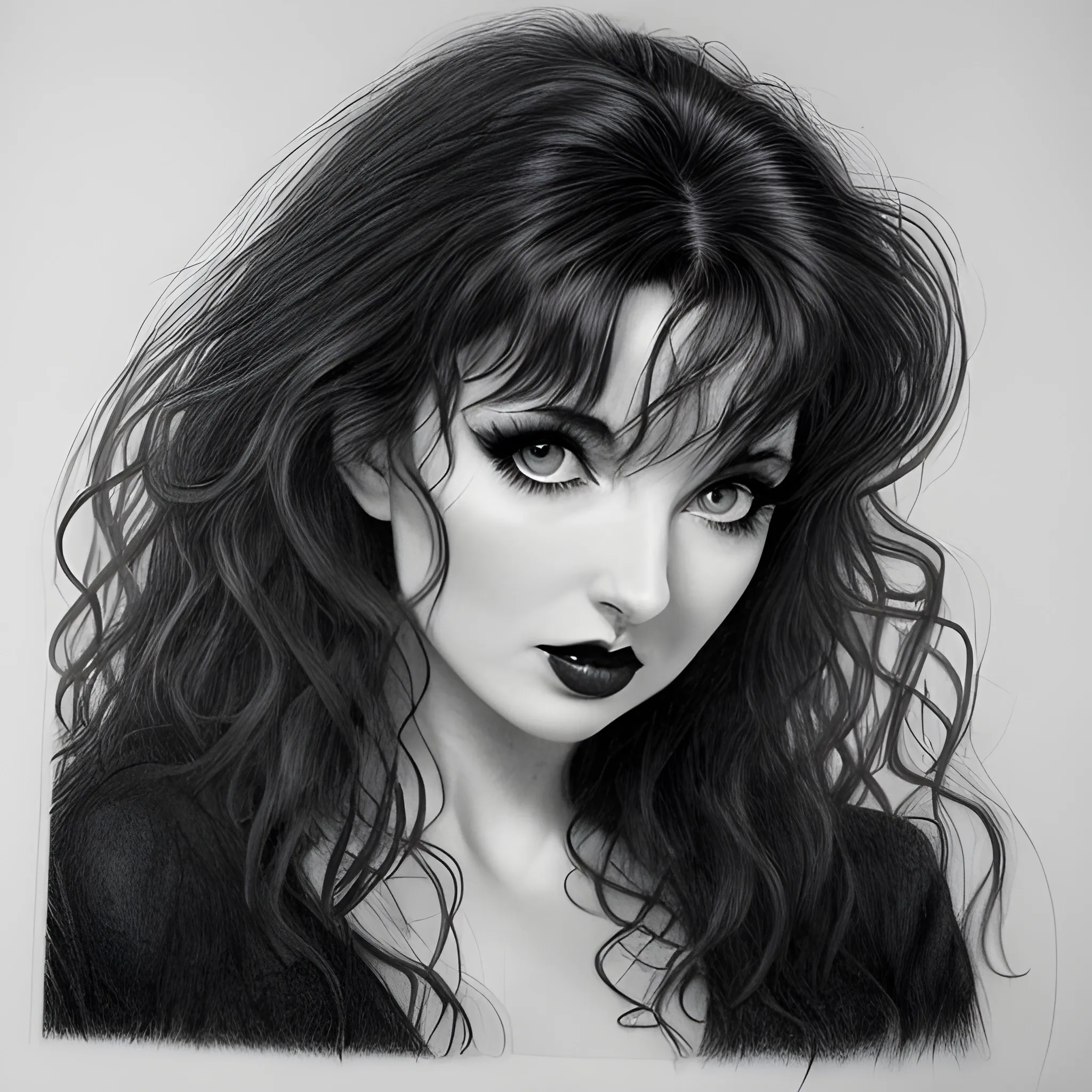 a dark erotic pencil portrait of lusty vamp Kate Bush, big tousled dark wild hair, wide eyes, direct eye contact, thin pouting lips, slim thin nose, pale skin, dark sensuous eyes, uplift cleavage, wanton, alluring, sensual, Dark Pencil Sketch,