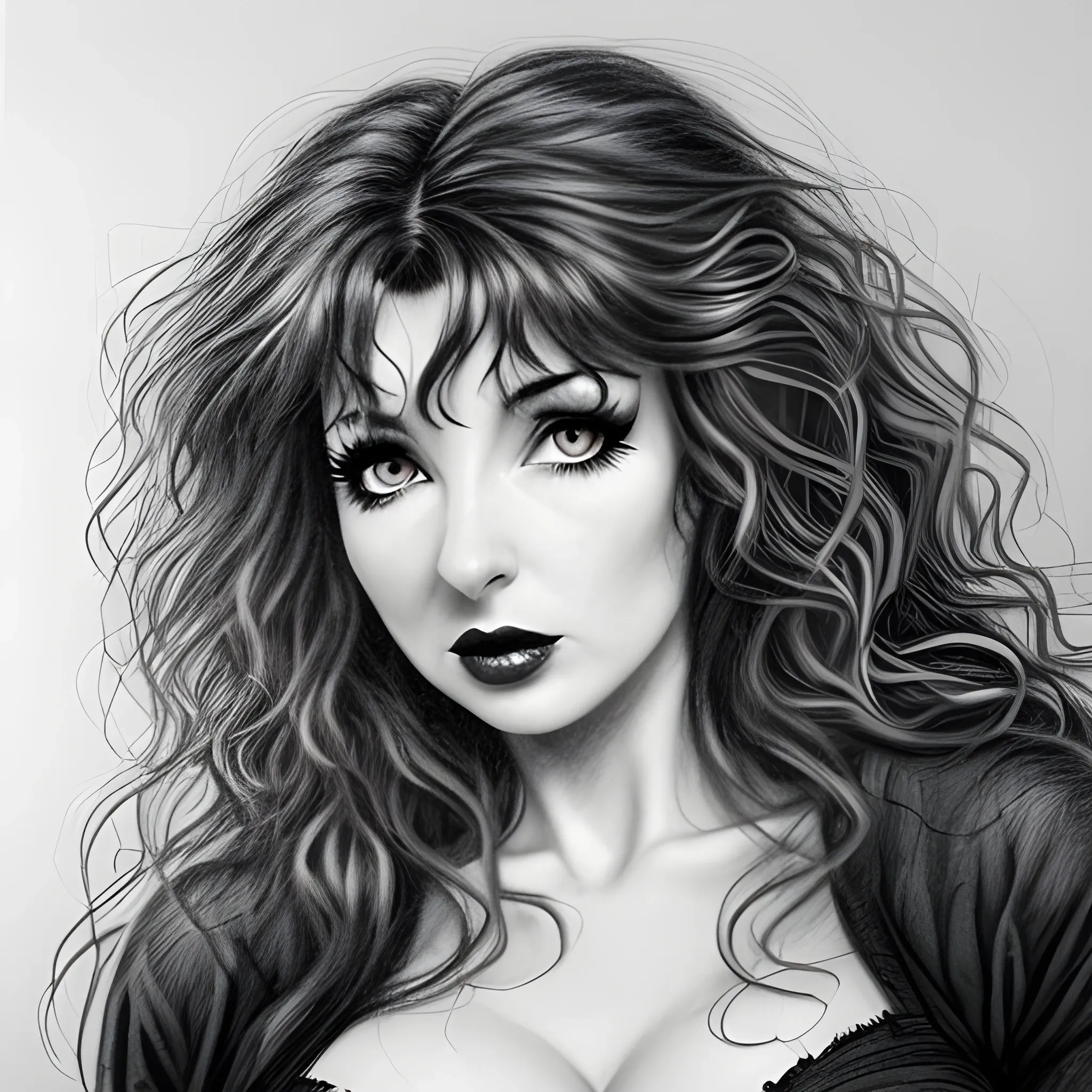 a dark erotic pencil portrait of lusty vamp Kate Bush, big tousled dark wild hair, wide eyes, direct eye contact, thin pouting lips, slim thin nose, pale skin, dark sensuous eyes, uplift cleavage, wanton, alluring, sensual, Dark Pencil Sketch,