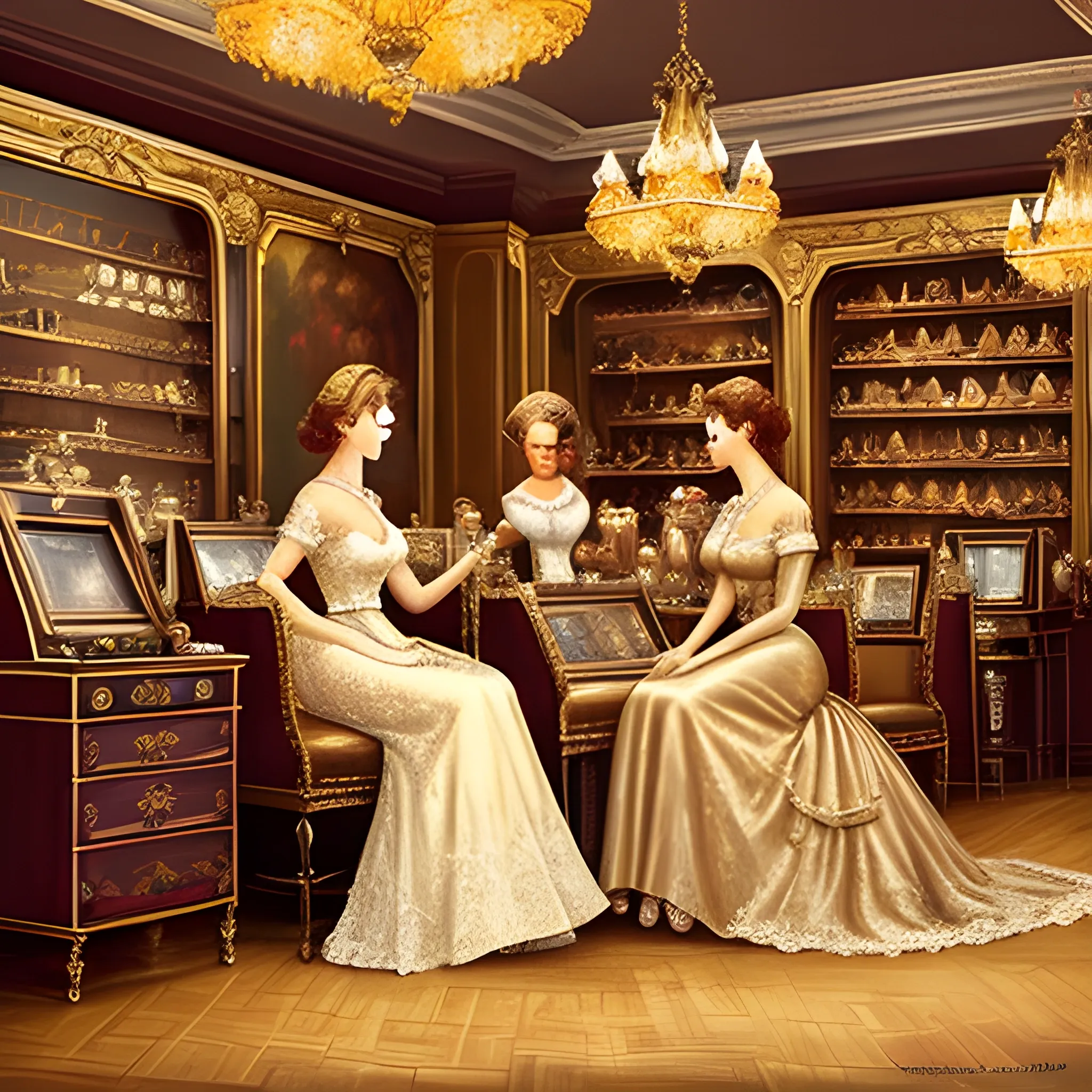 Vintage-style oil painting of a pawnshop interior with elegant women, luxurious jewelry, warm tones, detailed lace dresses, classic atmosphere, high quality, oil painting, vintage, elegant women, luxurious jewelry, detailed lace dresses, classic atmosphere, warm tones, professional lighting, gamblers