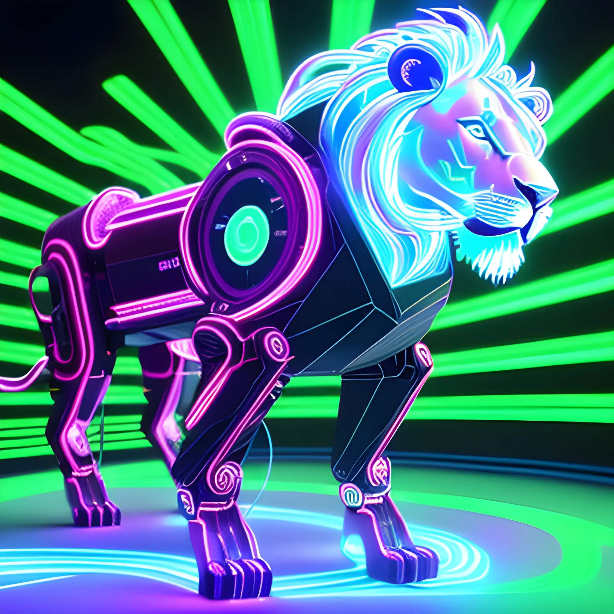 a fantastical light drawing of a leaping roaring lion, where creativity and technology are fused in a dazzling, exciting spectacle. The lion's form is outlined in neon magenta light, its interior has a green glowing structure that constantly shifts and rearranges. Its body is translucent, revealing the inner workings of its heart. The eyes are bright magenta lasers that scan the environment with intelligent, almost playful curiosity. The legs are made of flexible, segmented light rods that allow for agile and fluid movements. Holographic panels and digital symbols in green float around the lion, giving the impression of a high-tech, virtual environment. This light drawing captures the essence of a futuristic, imaginative lion, blending fantasy and technology in a stunning visual spectacle.